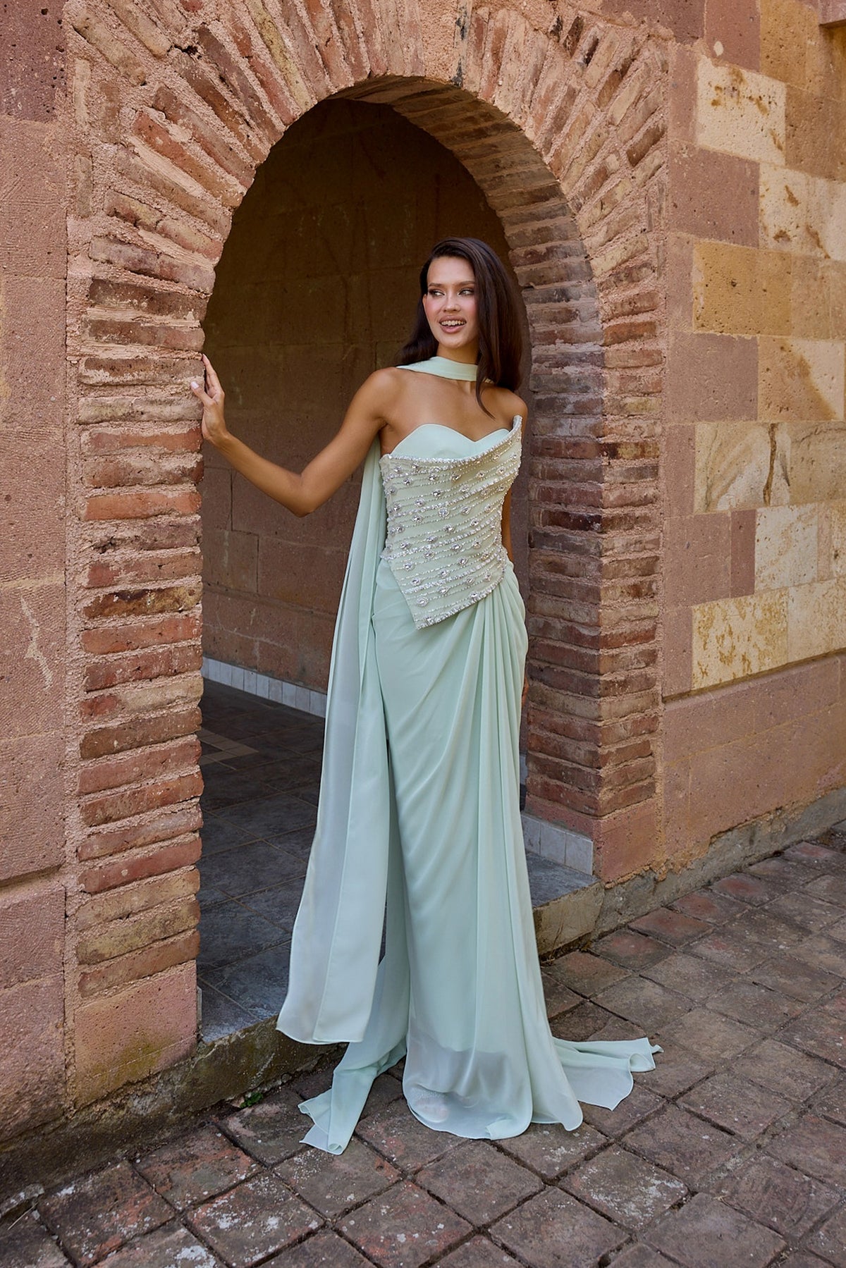 Sylvara Mint Embellished Corset Draped Gown