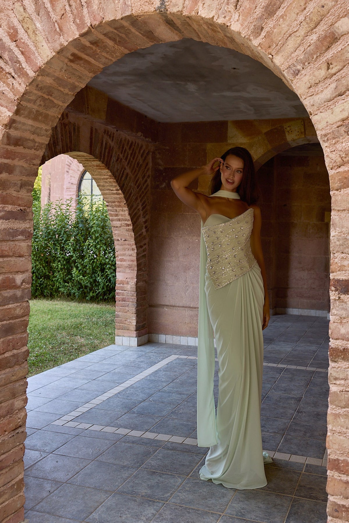 Sylvara Mint Embellished Corset Draped Gown