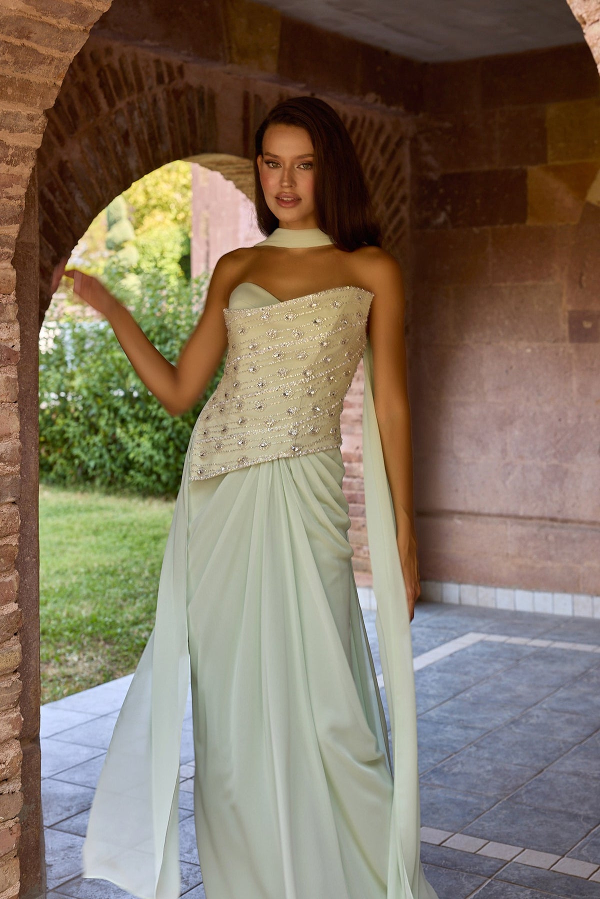 Sylvara Mint Embellished Corset Draped Gown