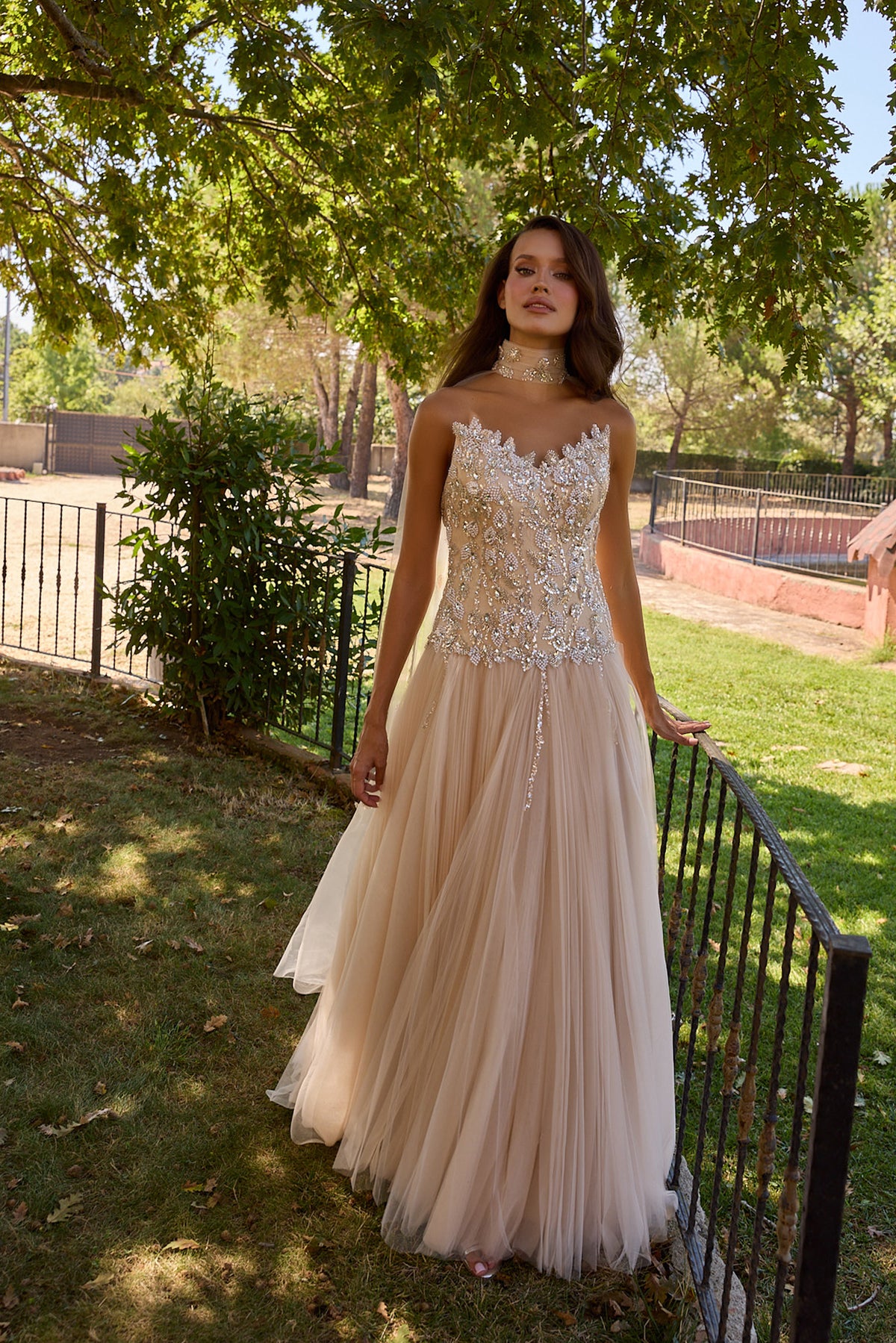 Velouria Champagne Embellished Tulle Cape Gown