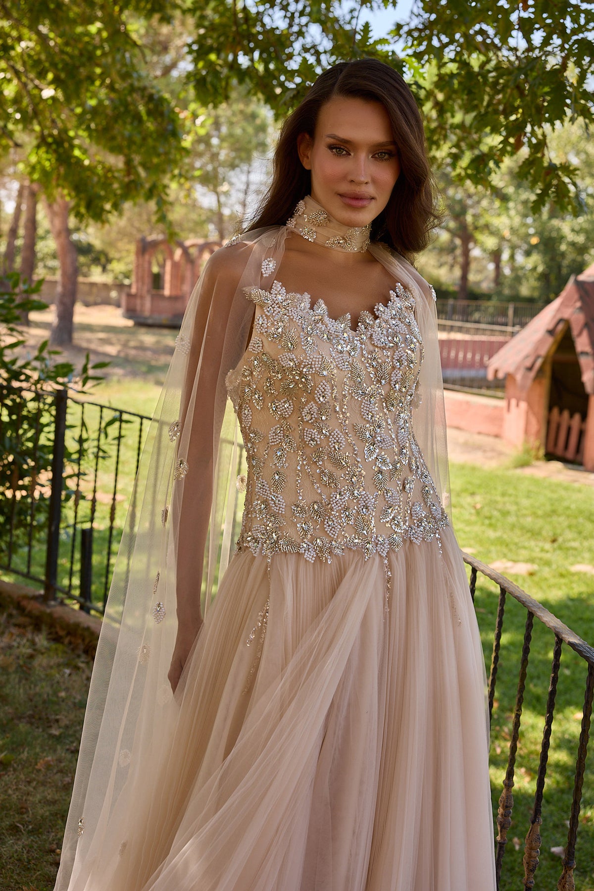 Velouria Champagne Embellished Tulle Cape Gown