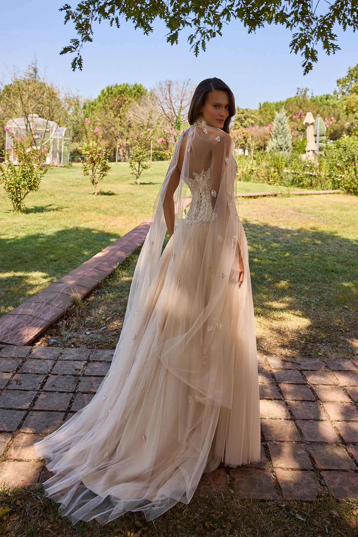 Velouria Champagne Embellished Tulle Cape Gown