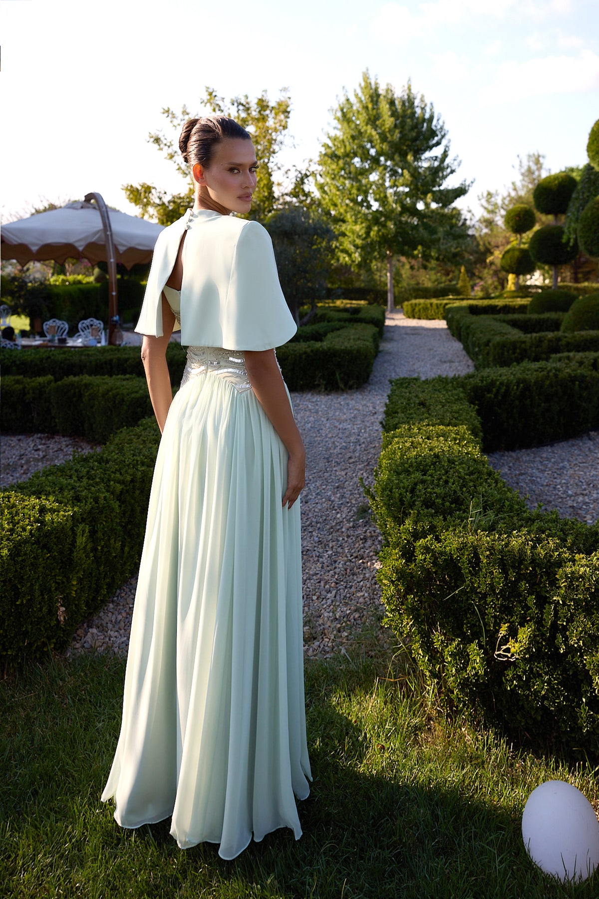 Verdemira Mint Embellished Cape Pleated Gown