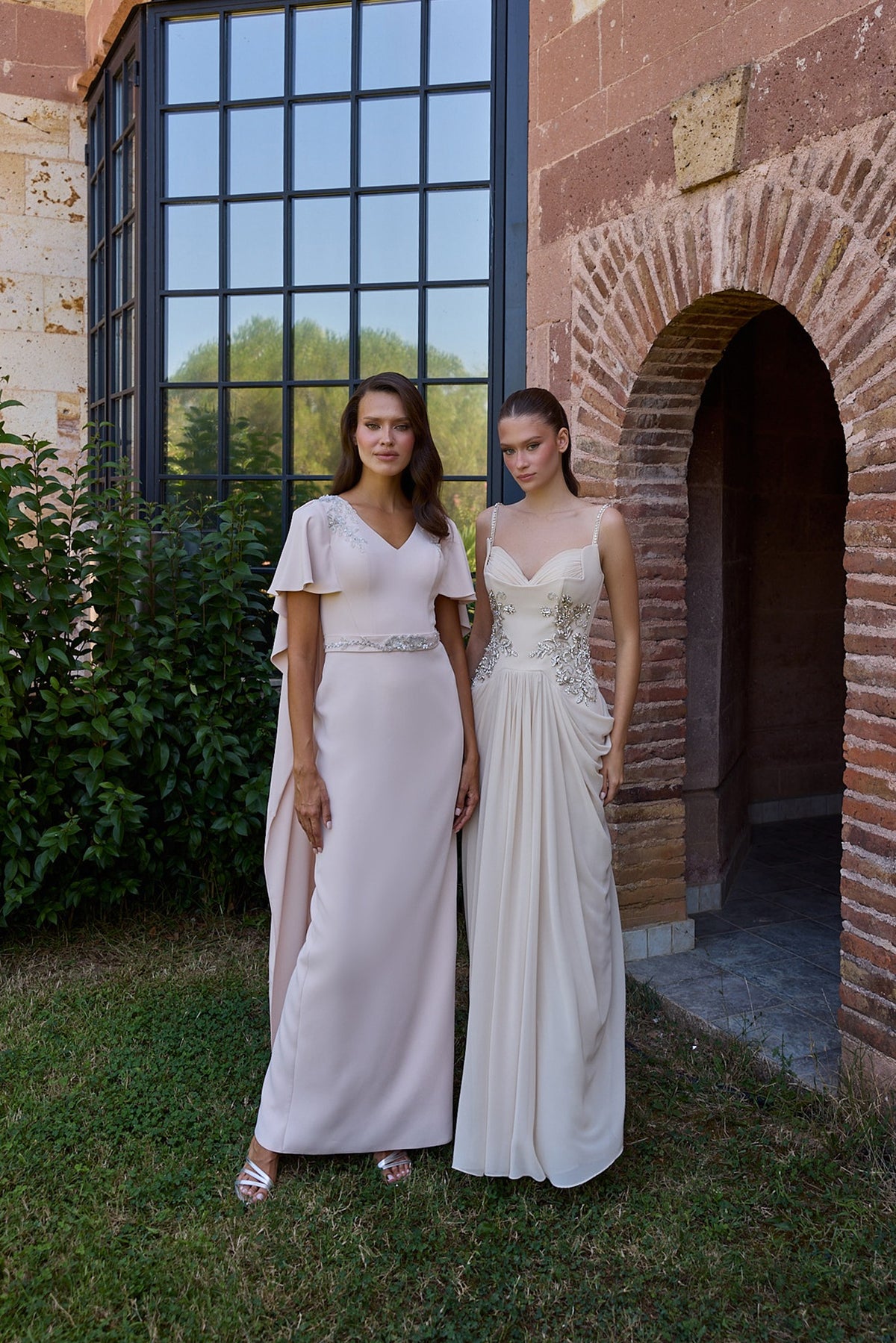Vionelle Blush Flutter Sleeve Fringe Cape Gown