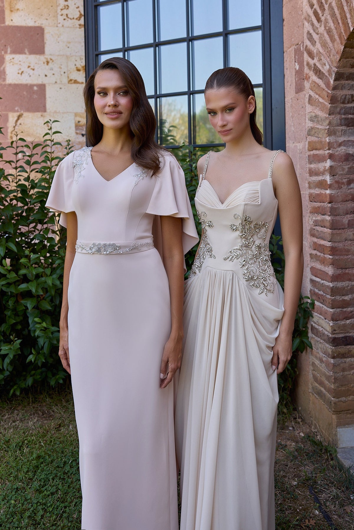 Vionelle Blush Flutter Sleeve Fringe Cape Gown
