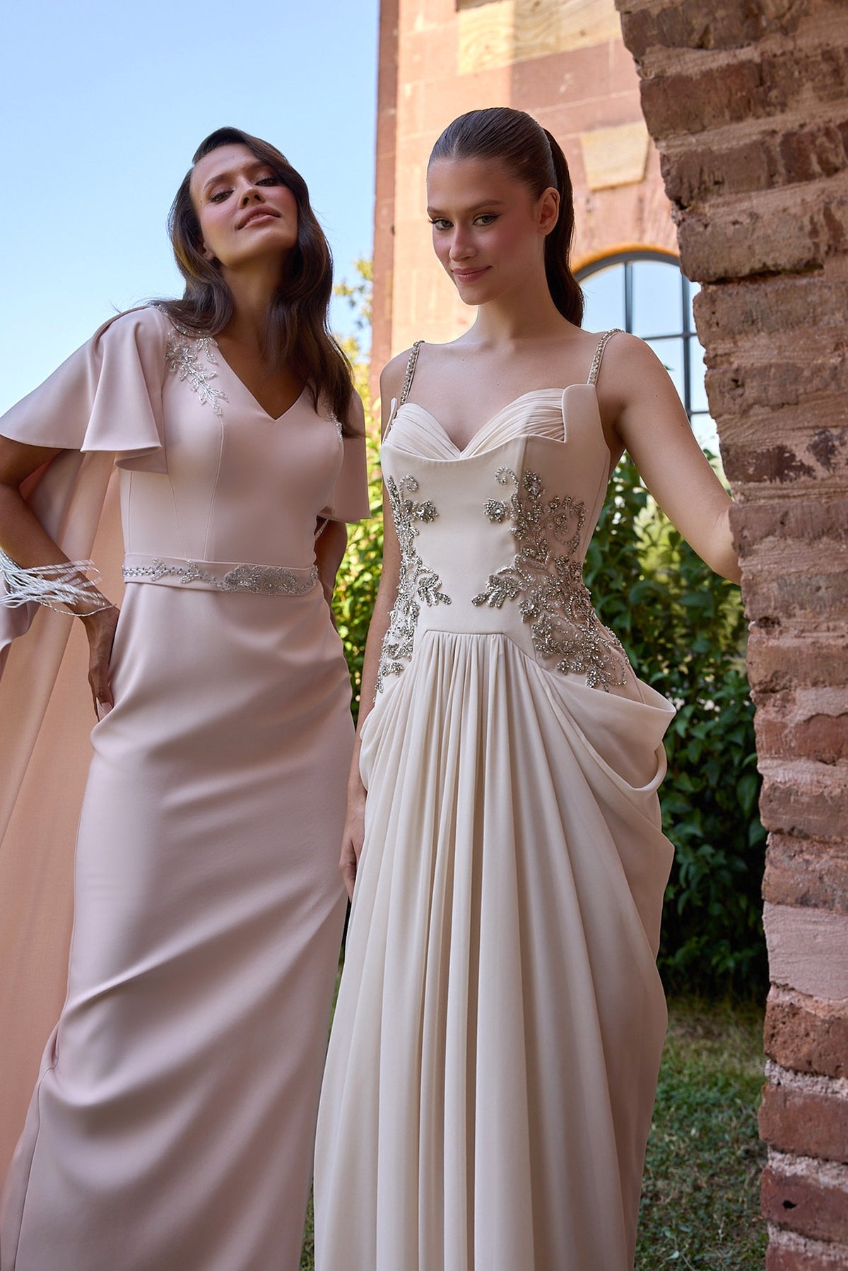 Vionelle Blush Flutter Sleeve Fringe Cape Gown