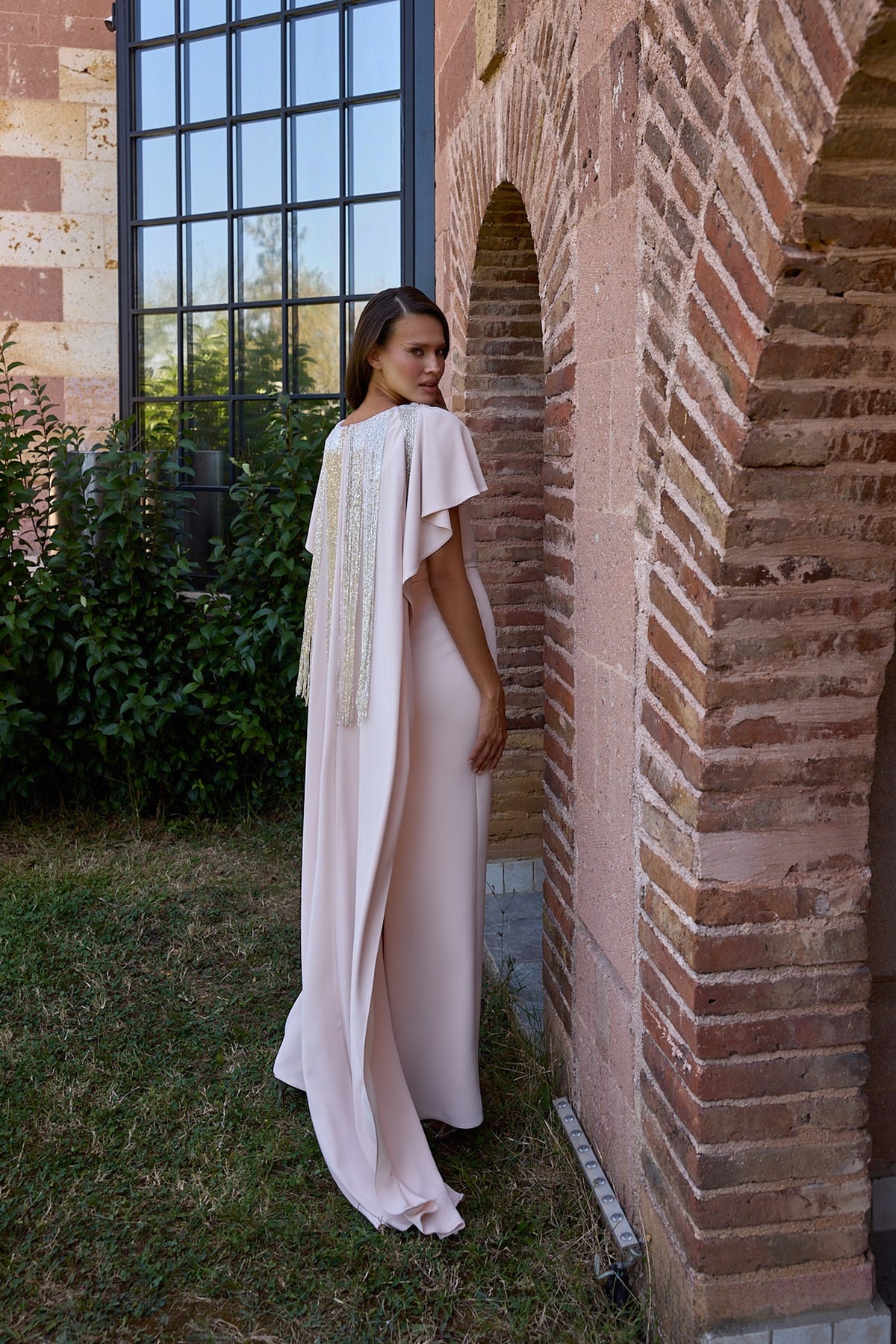 Vionelle Blush Flutter Sleeve Fringe Cape Gown