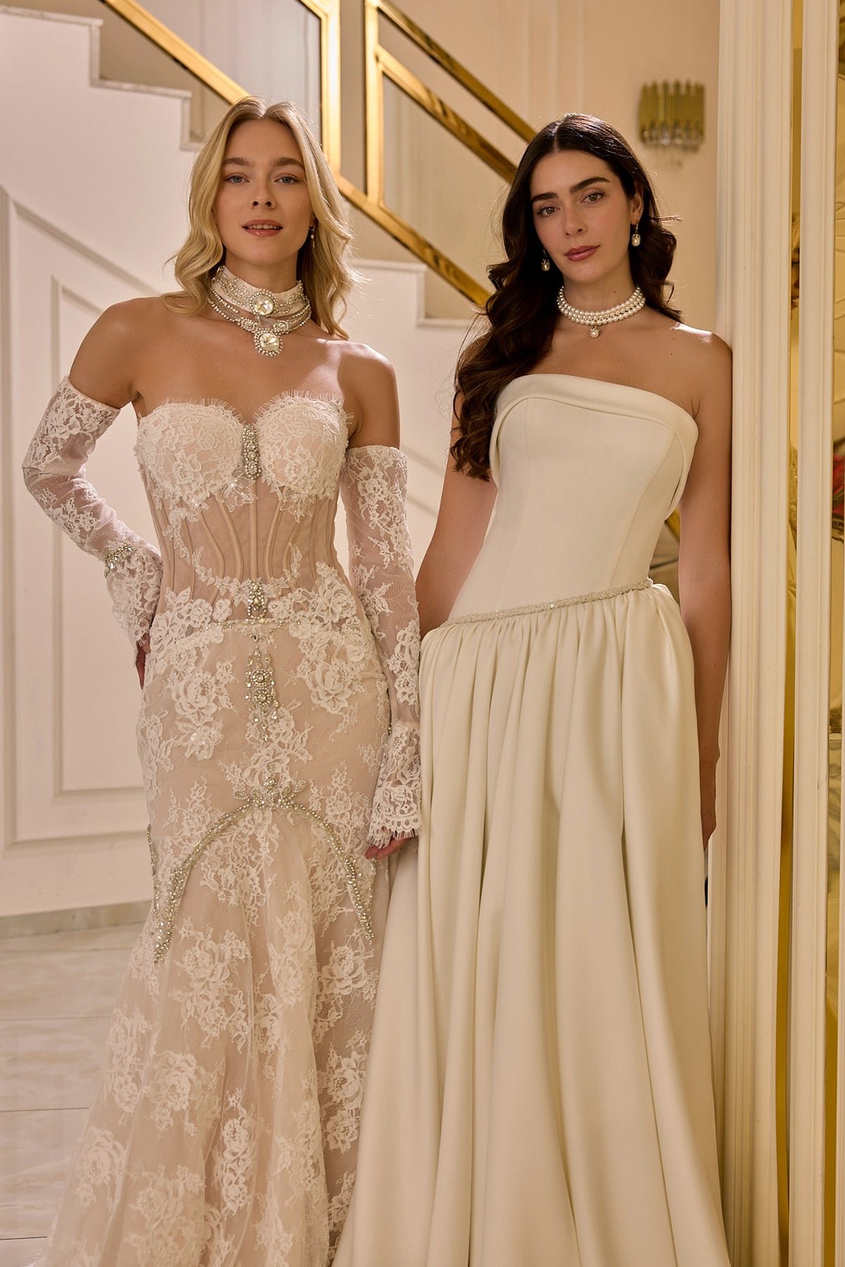 Evanthe – Off-Shoulder Lace Corset Bridal Gown in Soft Champagne Ivory
