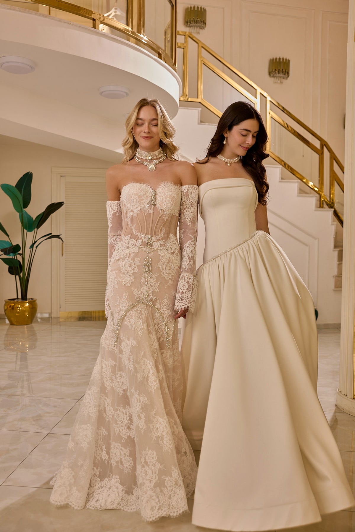 Evanthe – Off-Shoulder Lace Corset Bridal Gown in Soft Champagne Ivory