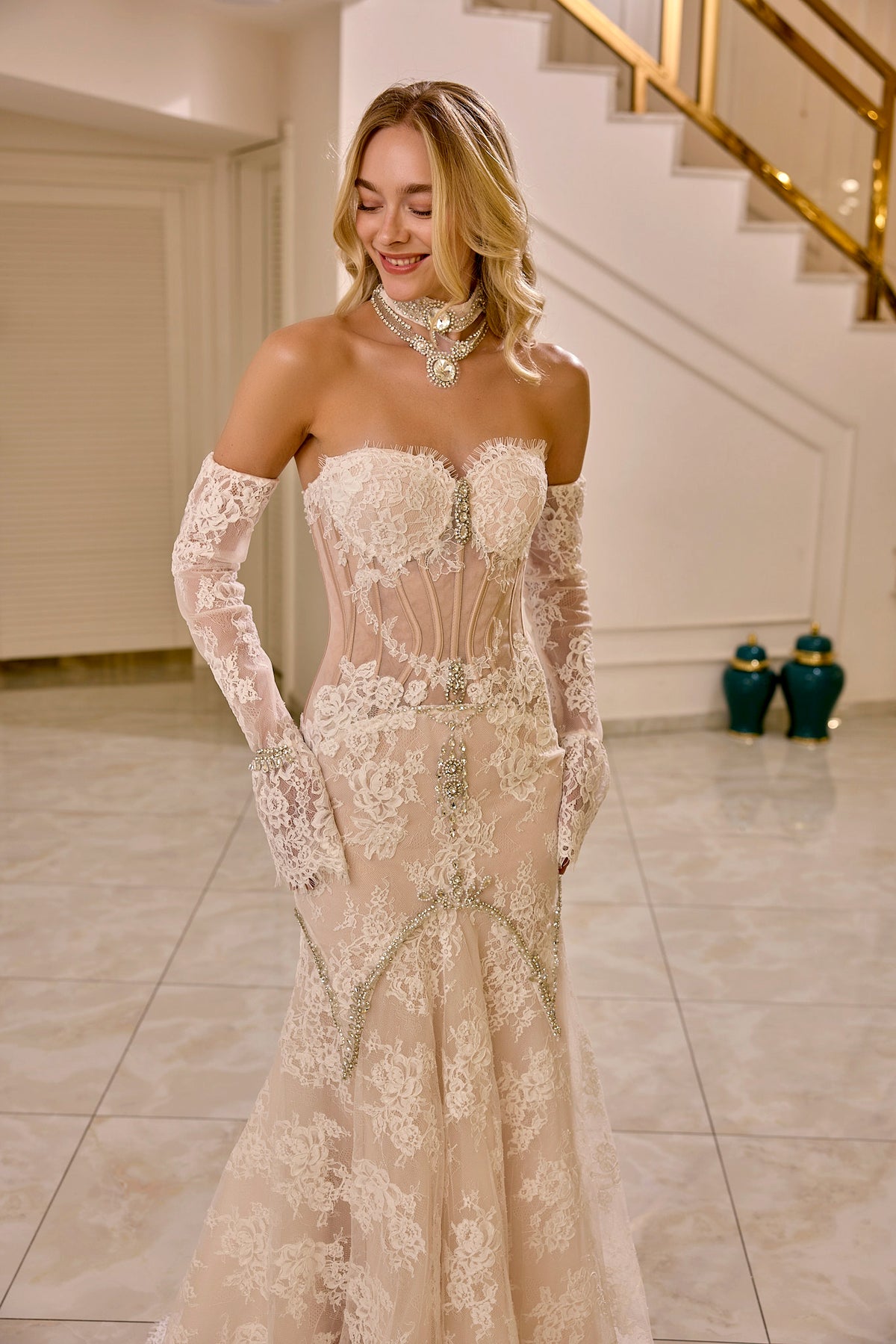 Evanthe – Off-Shoulder Lace Corset Bridal Gown in Soft Champagne Ivory