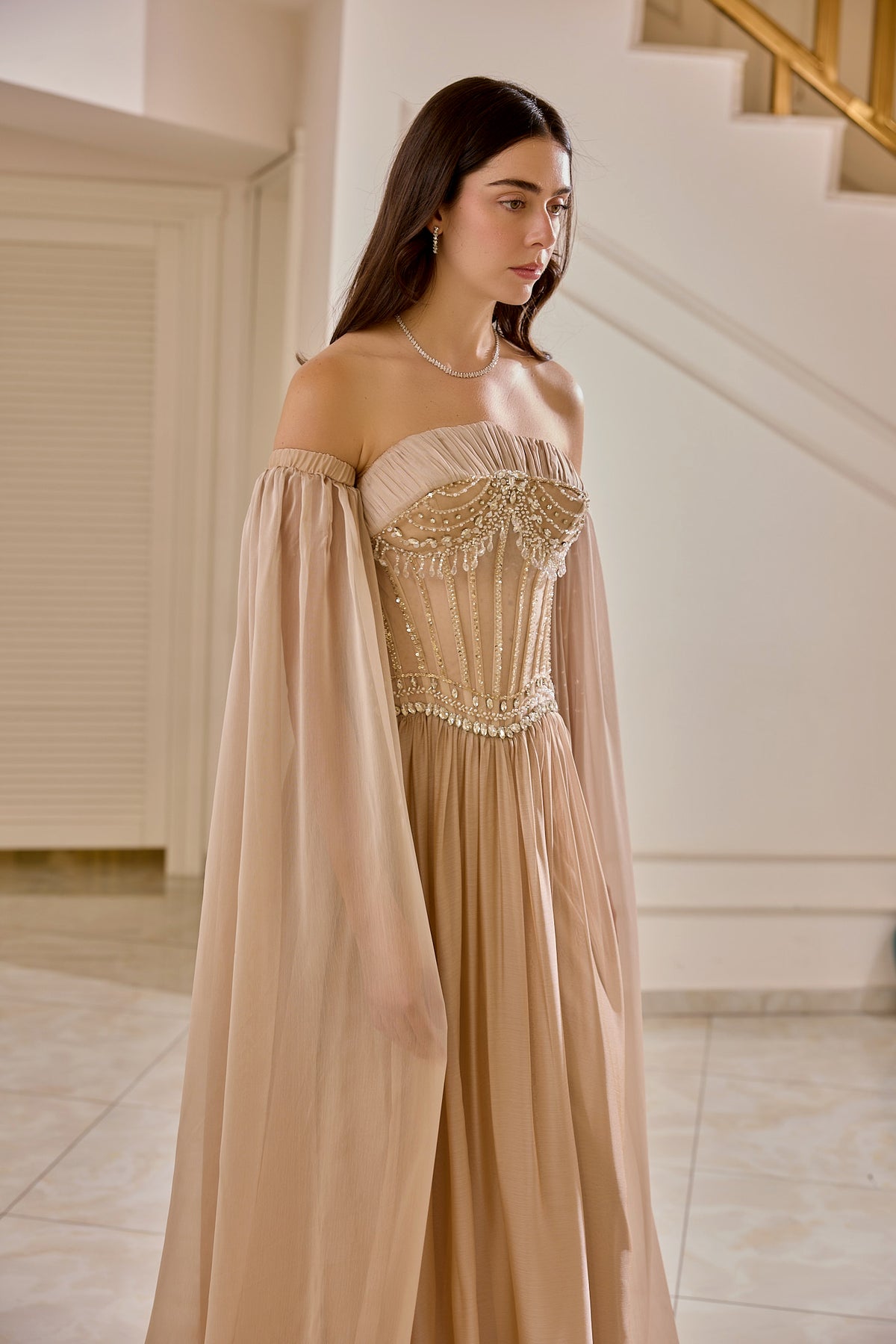 Solenne – Draped Corset Evening Gown in Dusty Rose Nude