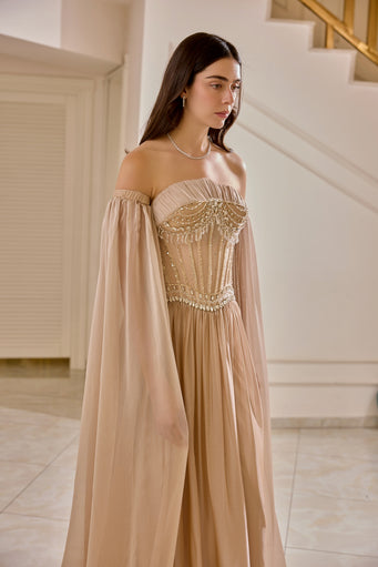 Solenne – Draped Corset Evening Gown in Dusty Rose Nude