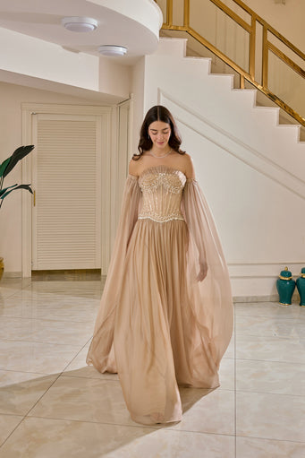 Solenne – Draped Corset Evening Gown in Dusty Rose Nude