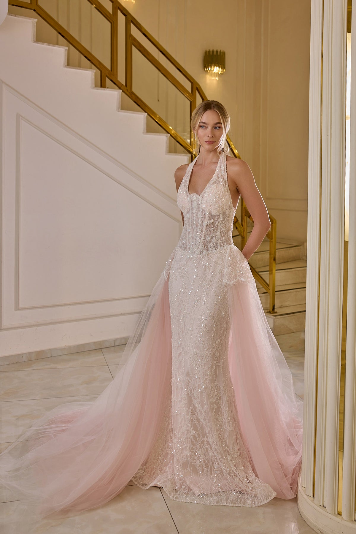 Cressida – Halter Lace Couture Gown with Blush Tulle Overskirt