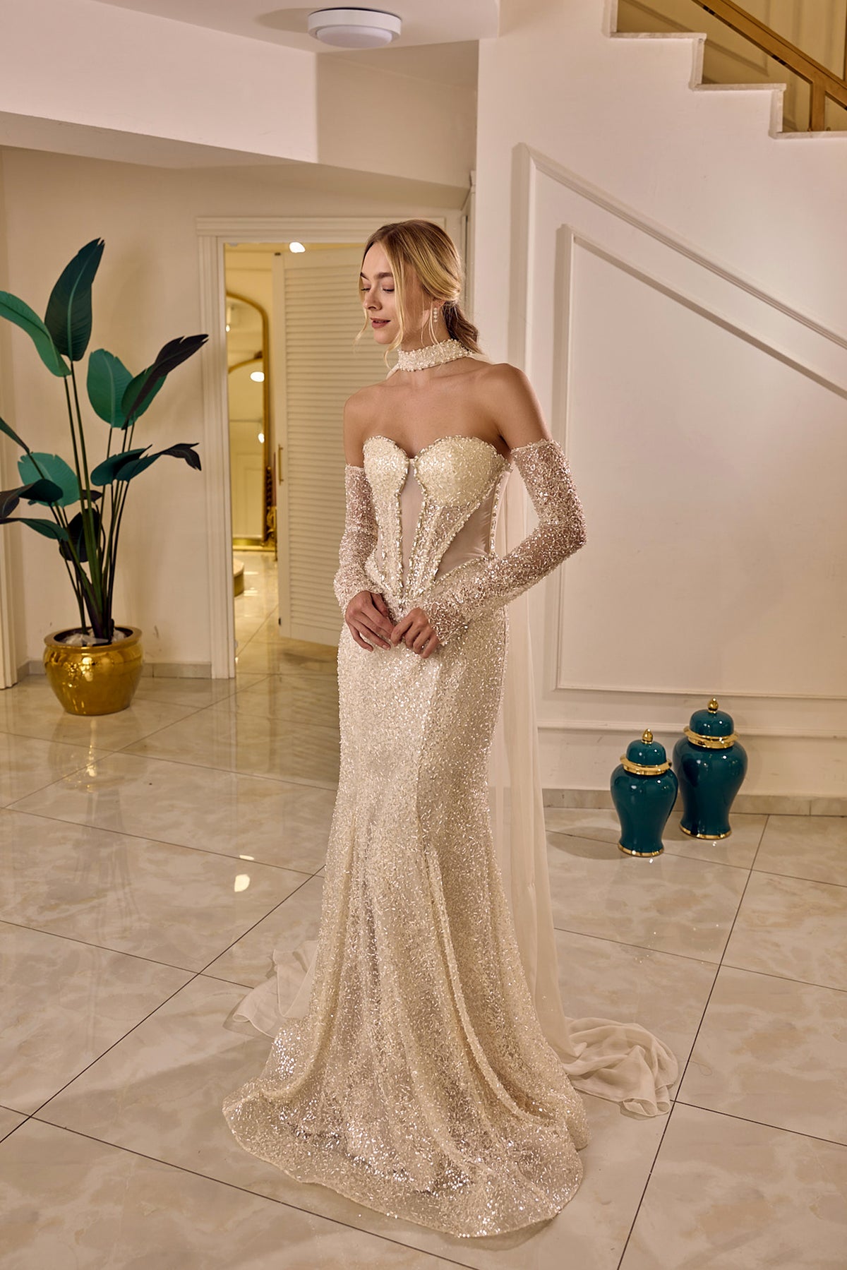 Zafira – Crystal Embellished Mermaid Bridal Gown in Crystal Champagne