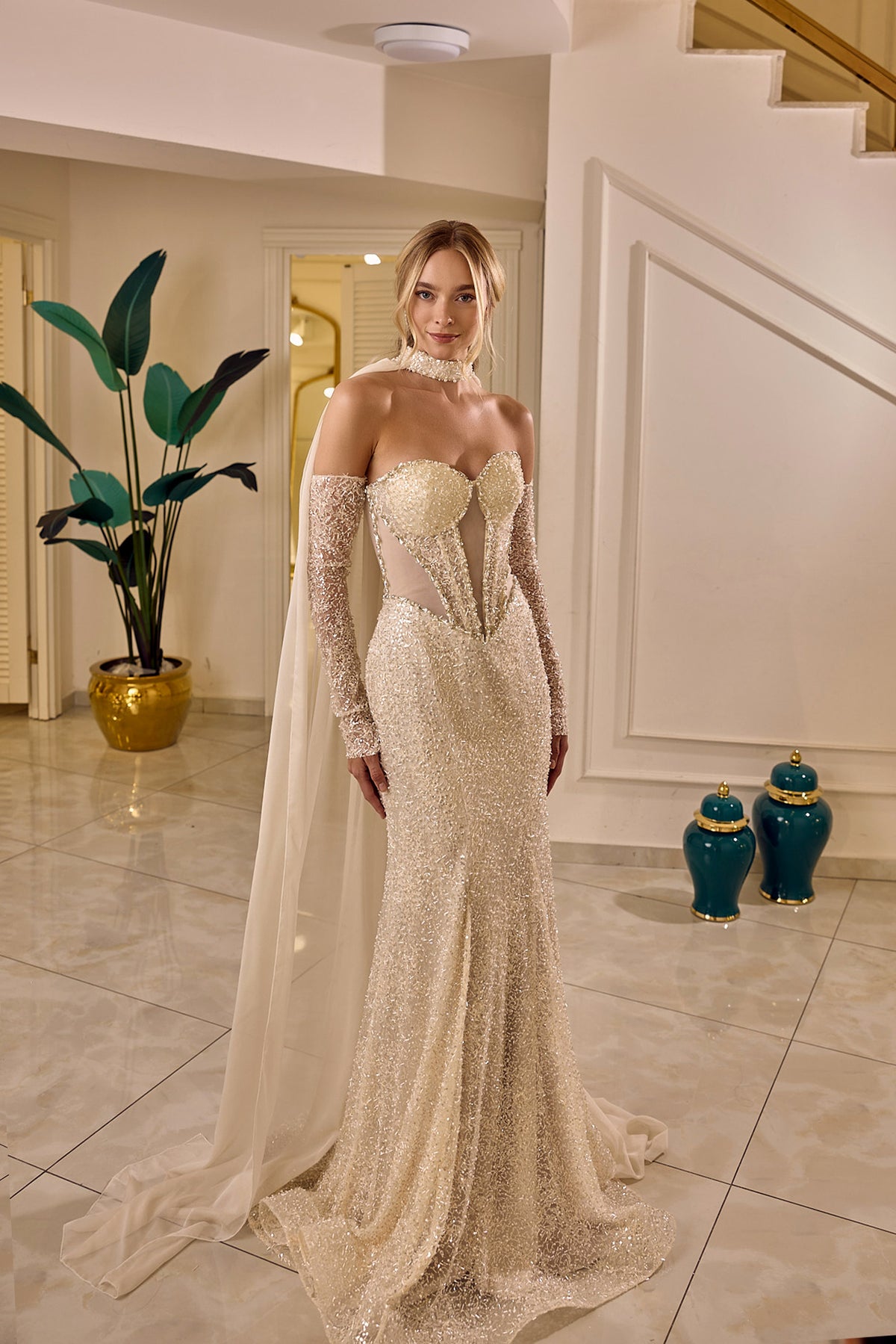 Zafira – Crystal Embellished Mermaid Bridal Gown in Crystal Champagne