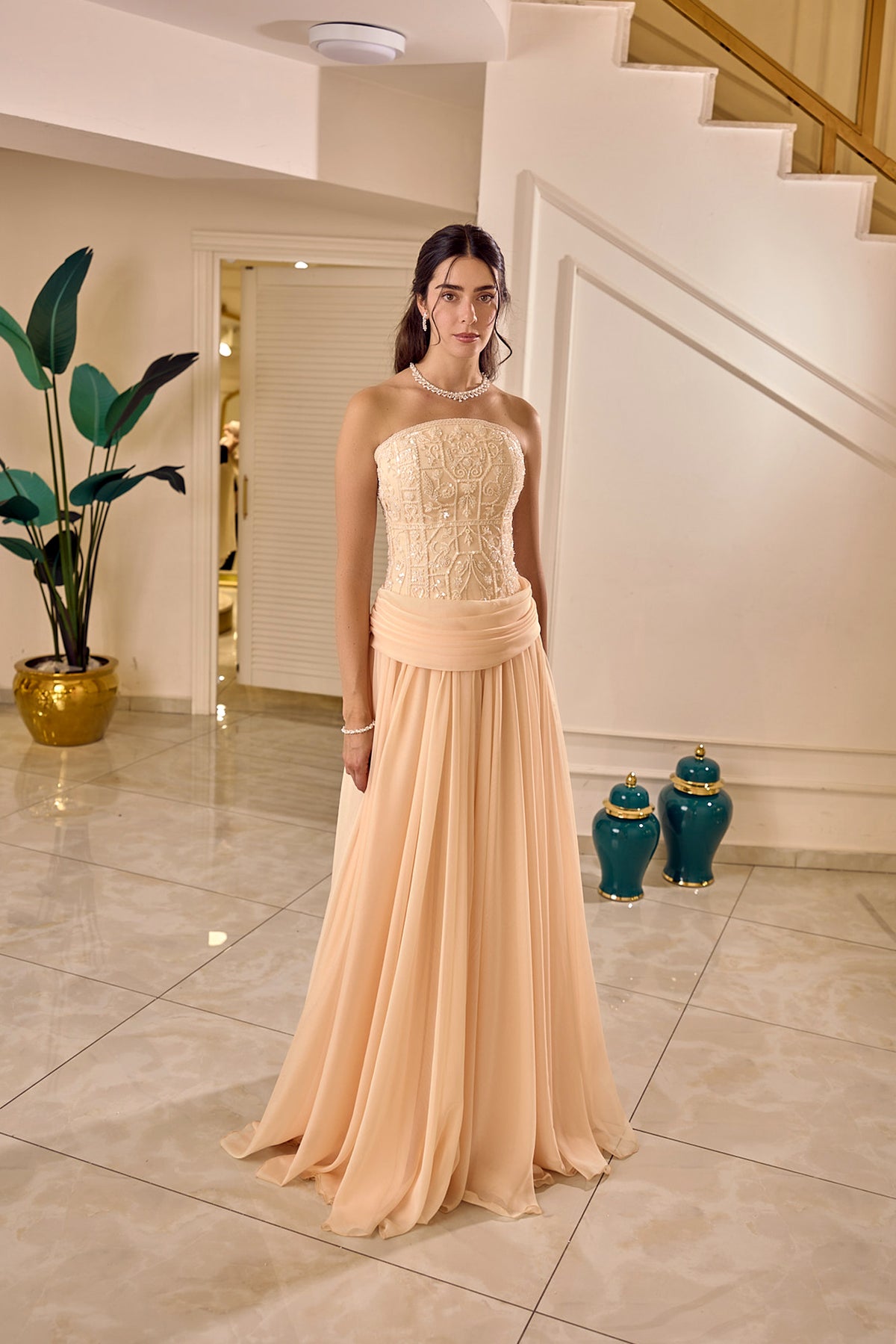 Delphine – Embellished Corset Chiffon Evening Gown in Blush Apricot