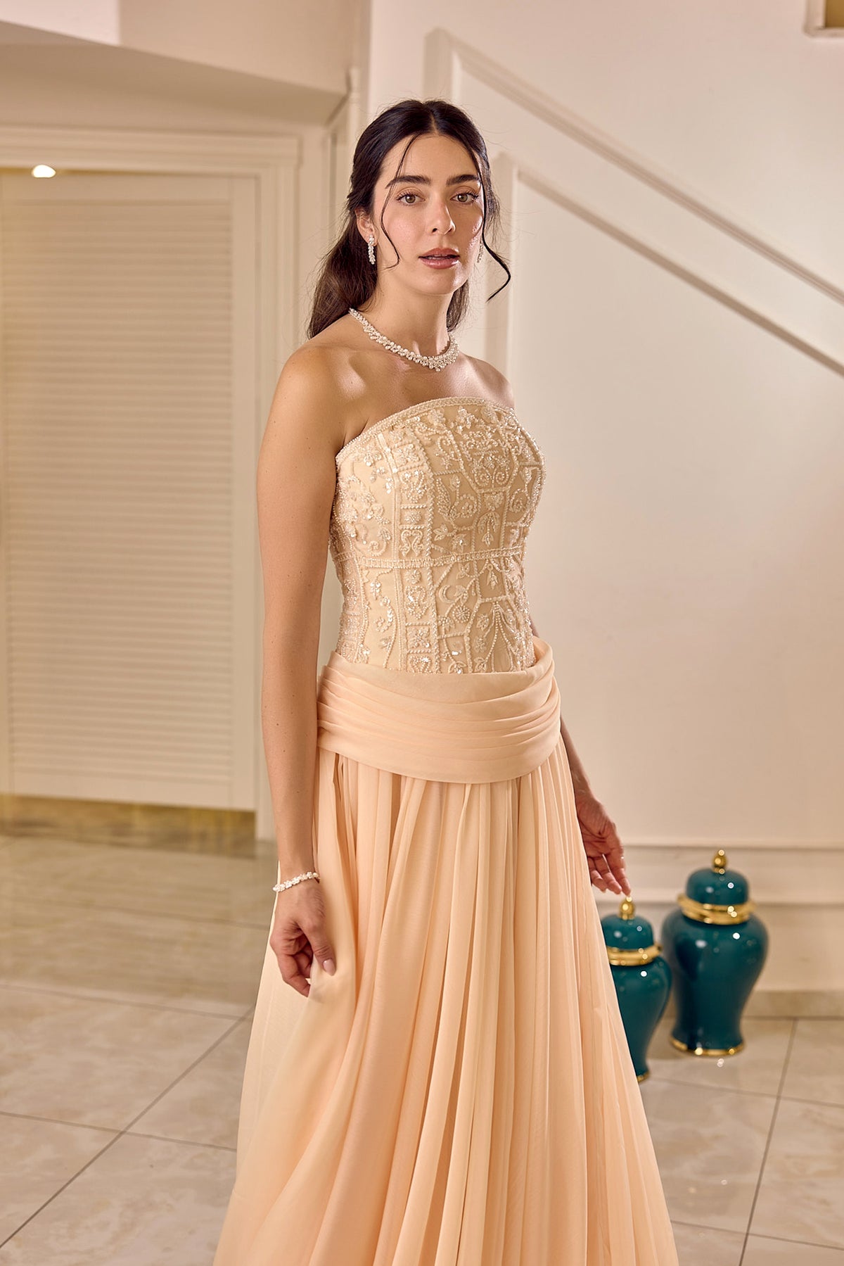 Delphine – Embellished Corset Chiffon Evening Gown in Blush Apricot