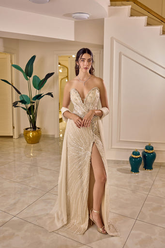Belladore Embellished High-Slit Couture Evening Gown
