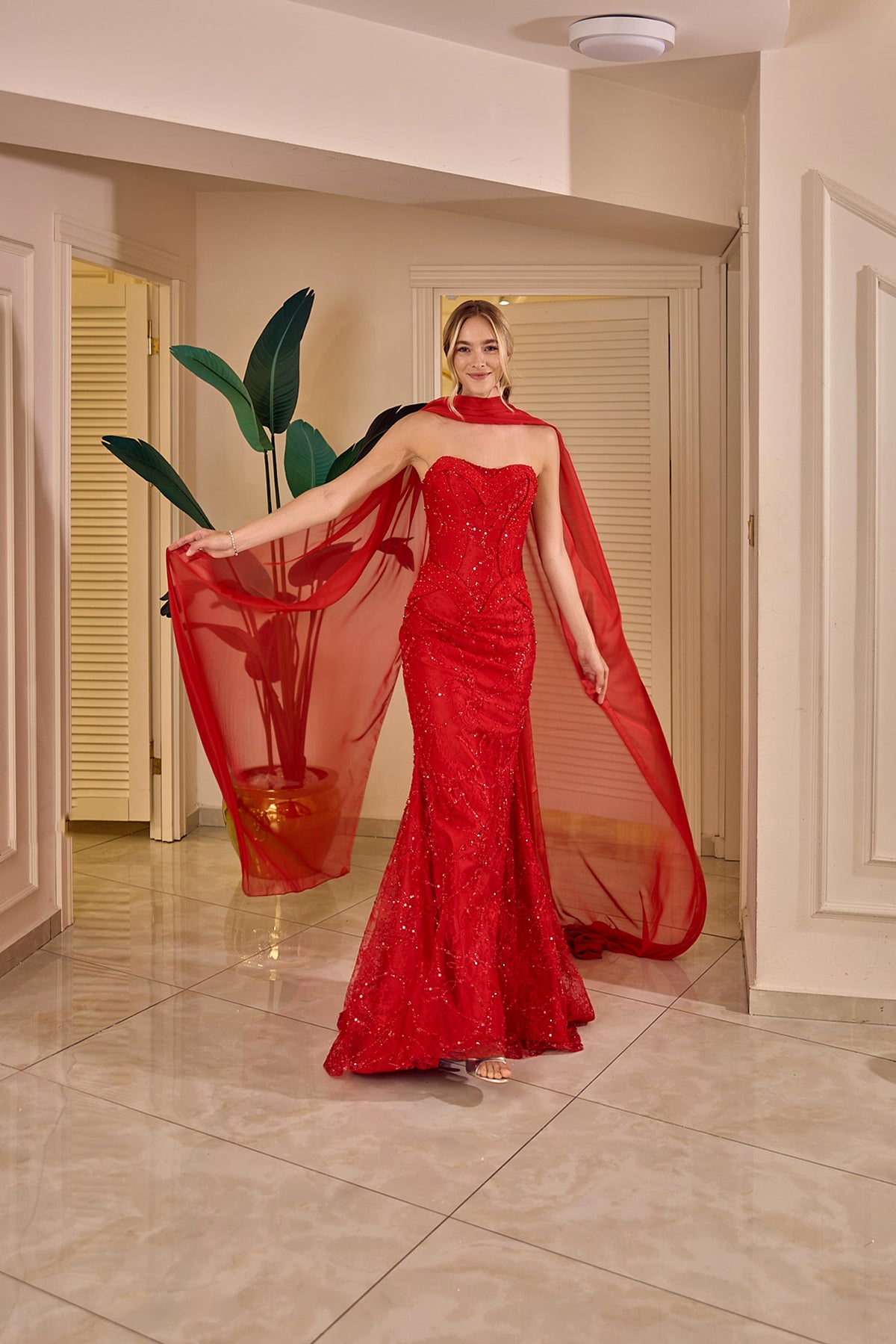 Vespera – Crystal Embellished Cape Gown