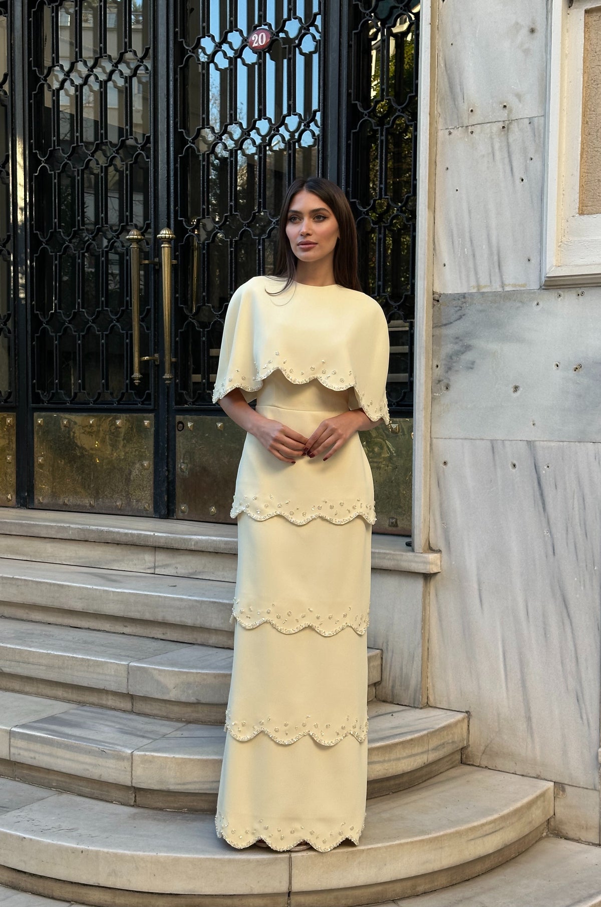 Lily Modest Cape Sleeve Evening Gown in Soft Butter Yellow