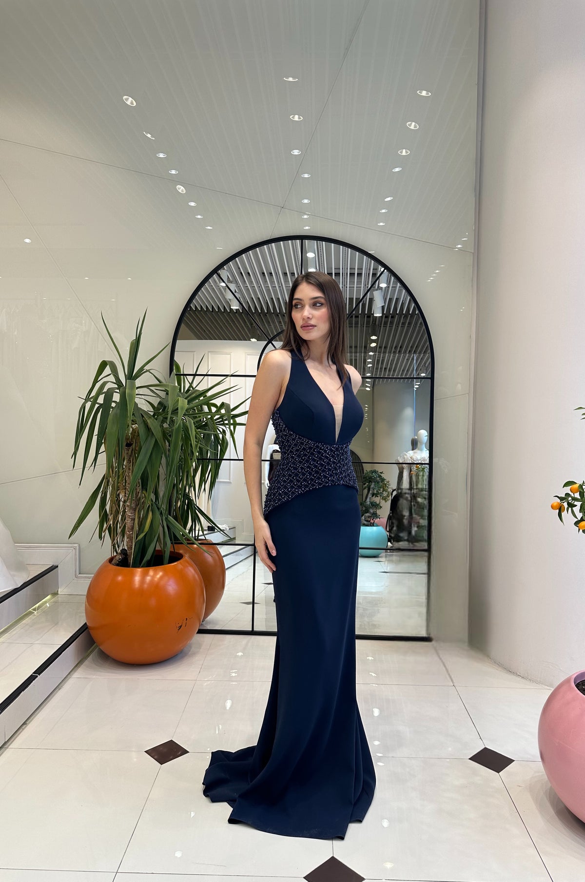 Mia Deep V-Neck Navy Evening Gown
