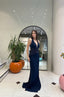 Mia – Navy Deep V-Neck Evening Gown with Embellished Waist