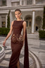 Quinn – Deep Mahogany Couture Evening Gown with Embellished Waist Detail