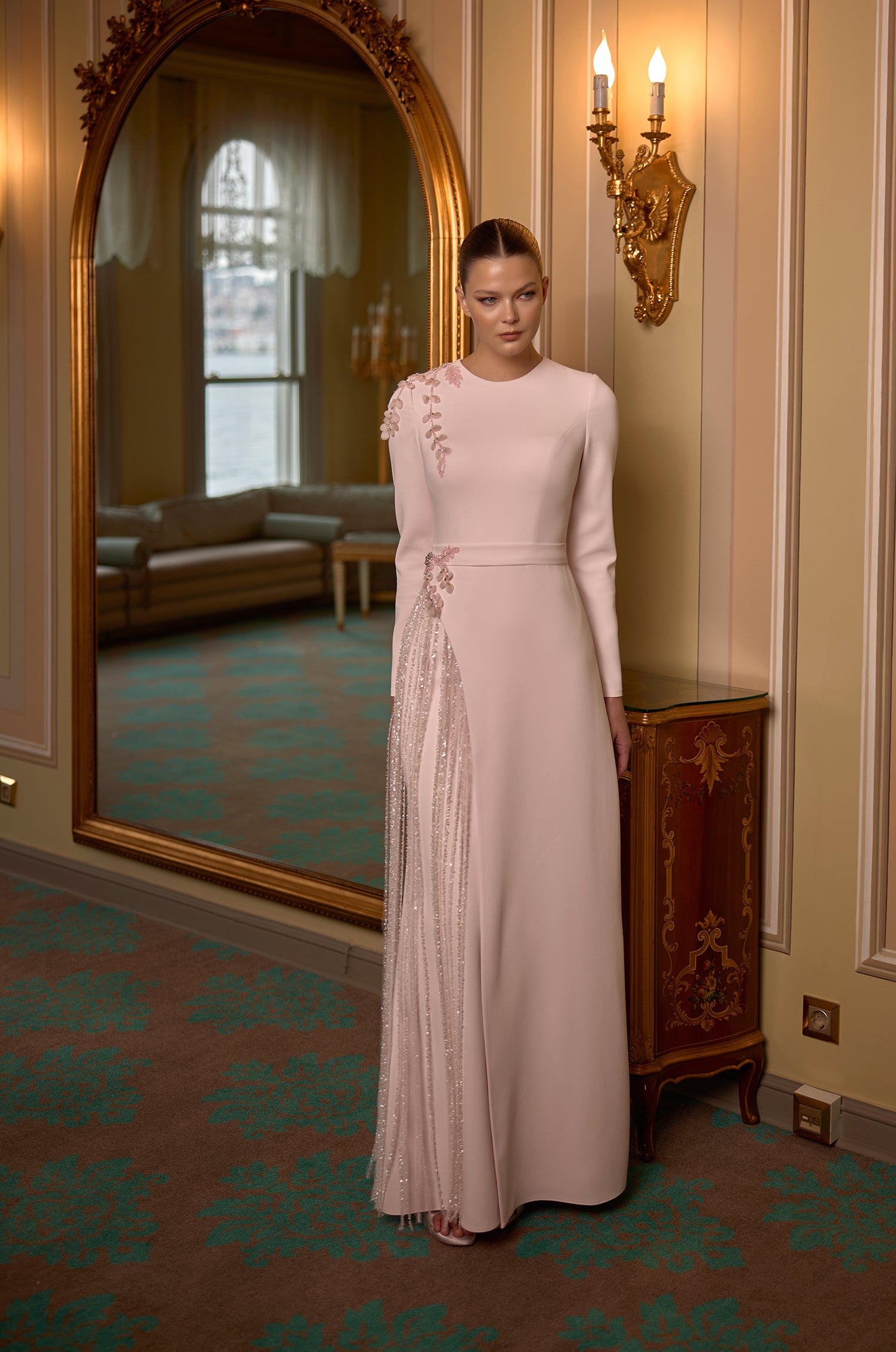 Willow Modest Couture Evening Gown with Pleated Embellished Panel