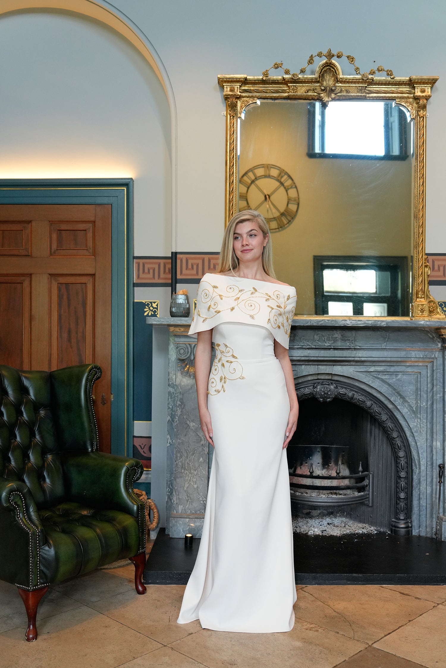Lillian’s Embellished Off-Shoulder Evening Gown in Sage Green