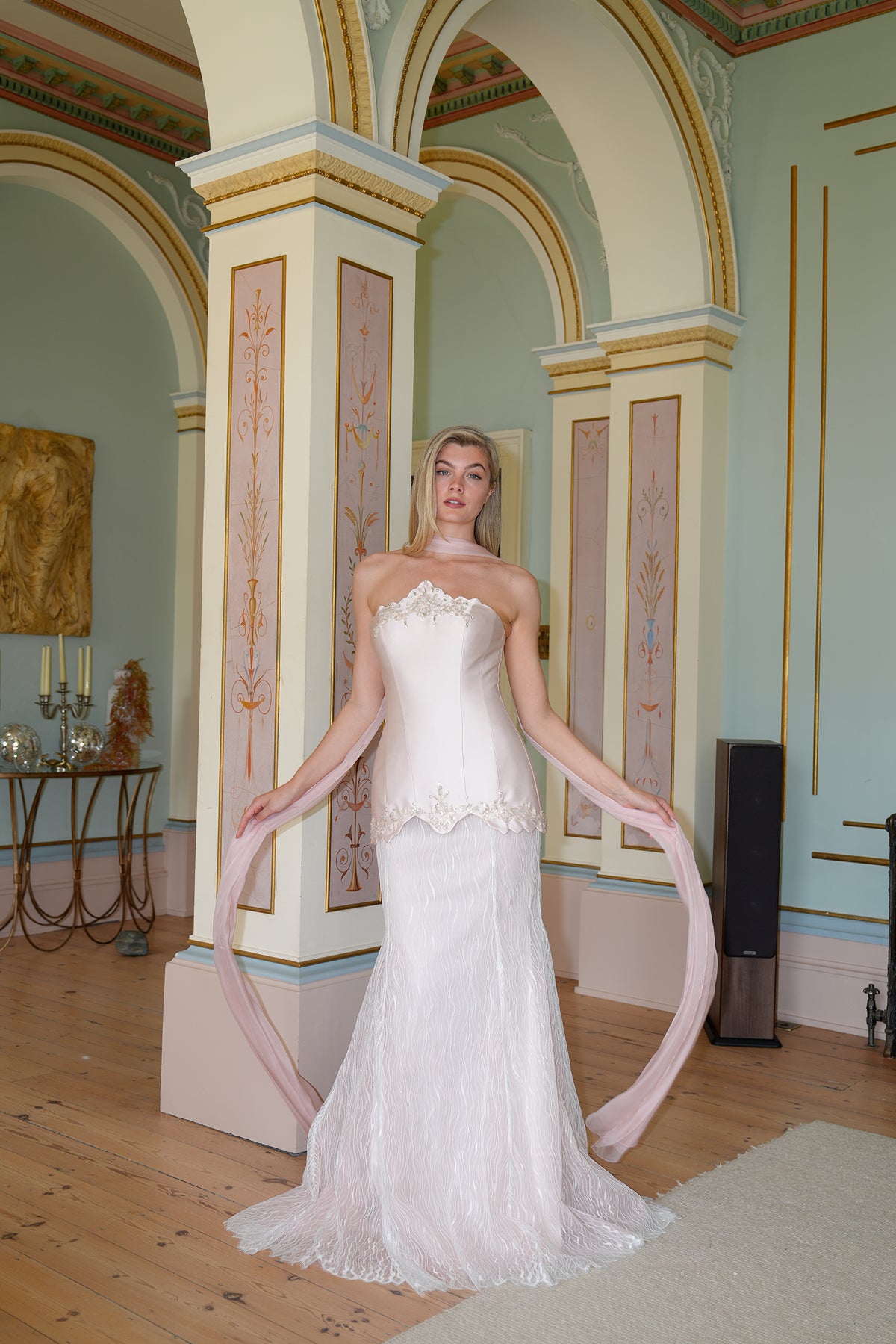 Orlena Embellished Corset Evening Gown — three-quarter view highlighting the bodice details