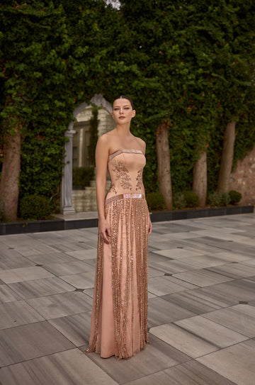 Dylan Nude Sequin Fringe Couture Evening Gown