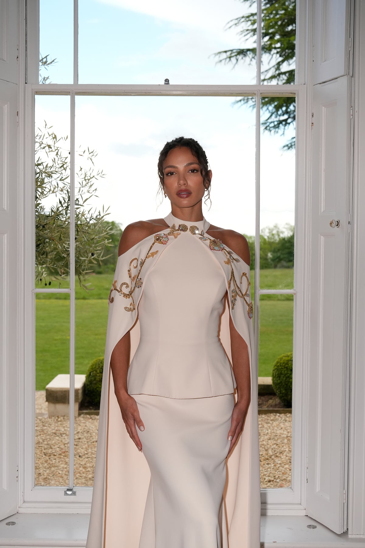 Isabelle Embroidered Cape Evening Gown