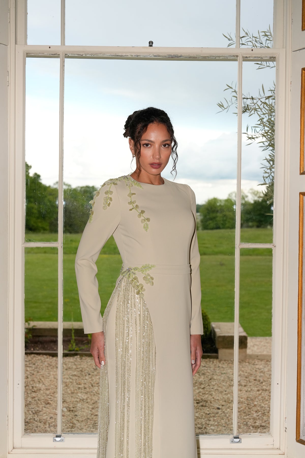 Willow Modest Couture Evening Gown with Pleated Embellished Panel
