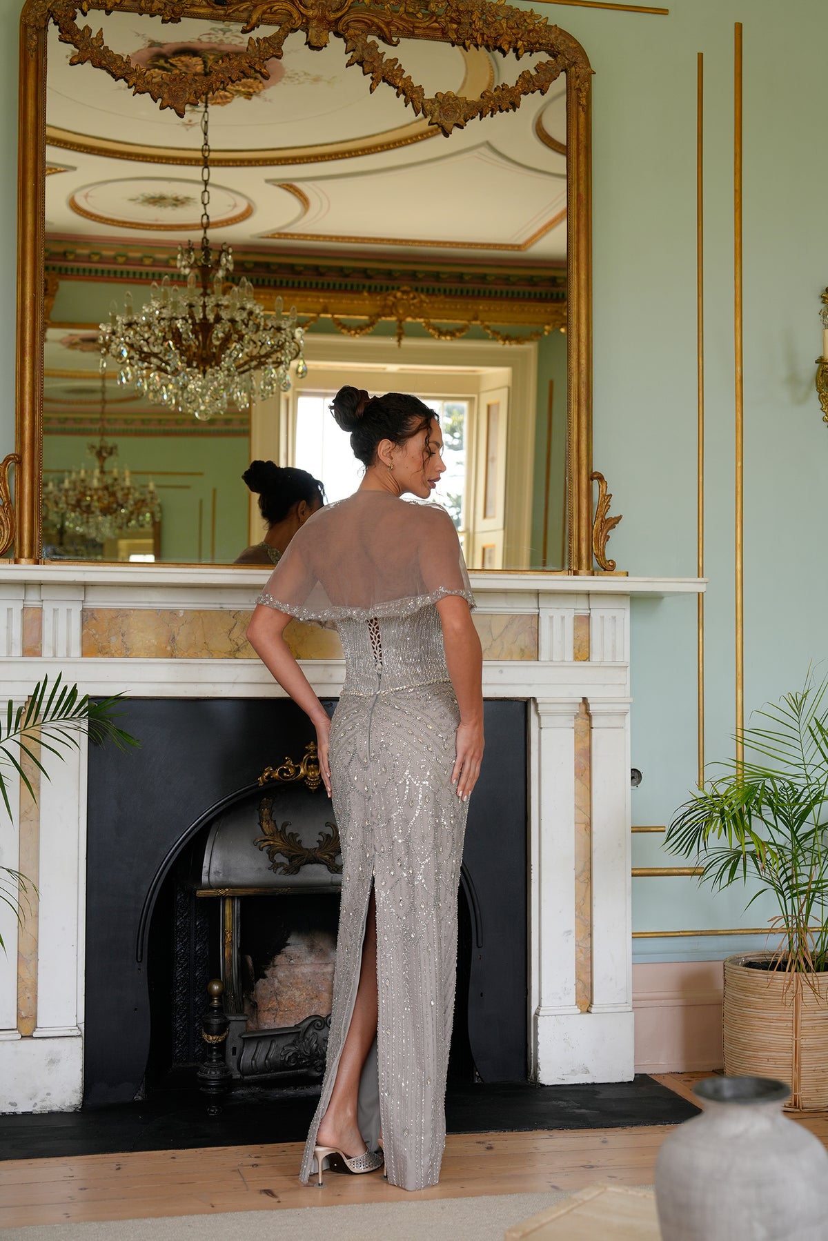 Velmira Crystal-Embellished Cape Evening Gown — elegant back view showing the gown structure