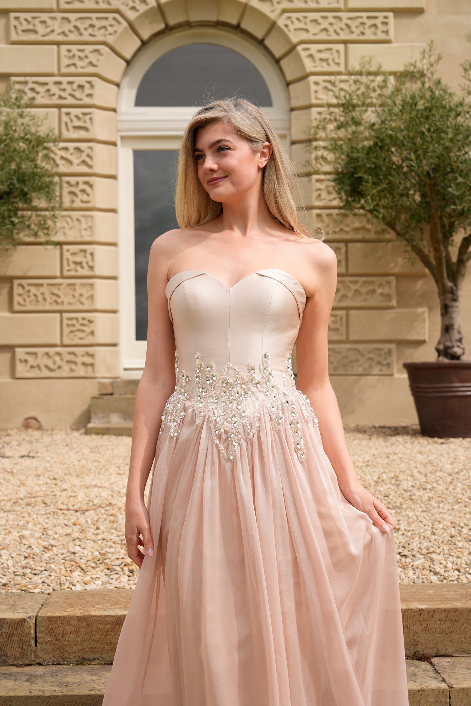 Avielle Crystal-Embellished Chiffon Evening Gown — three-quarter view highlighting the bodice details