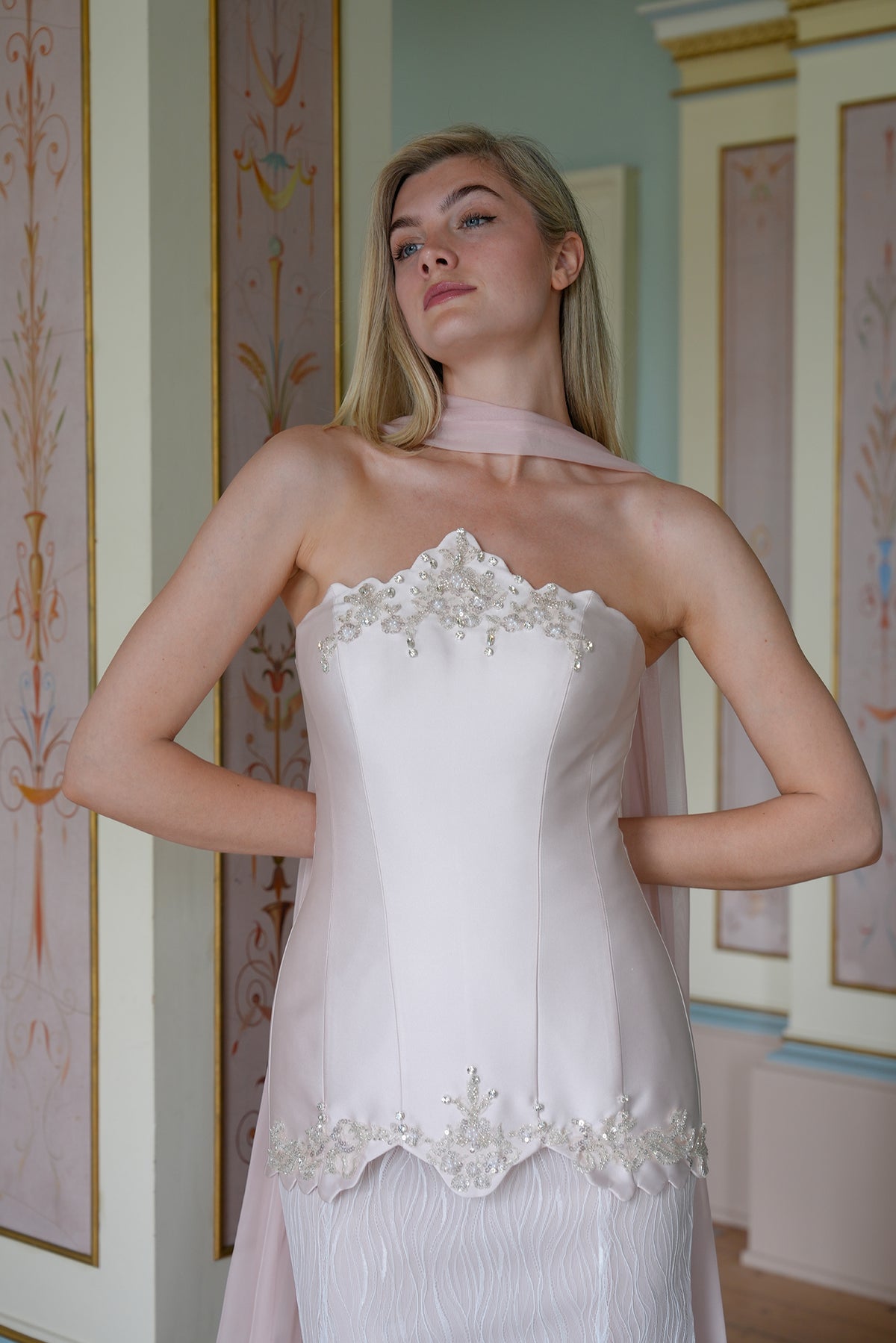 Orlena Embellished Corset Evening Gown — elegant back view showing the gown structure