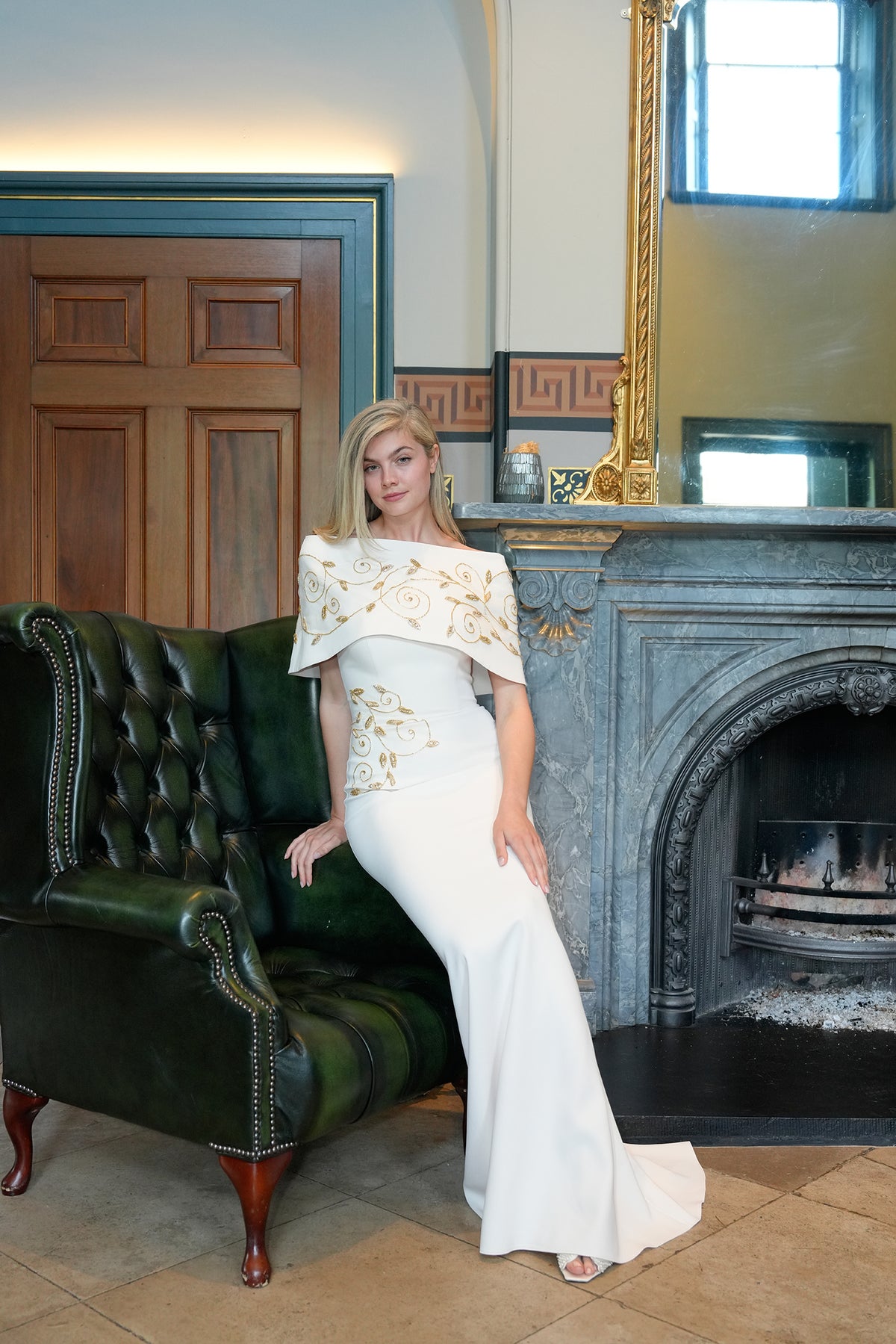 Lillian’s Embellished Off-Shoulder Evening Gown in Sage Green