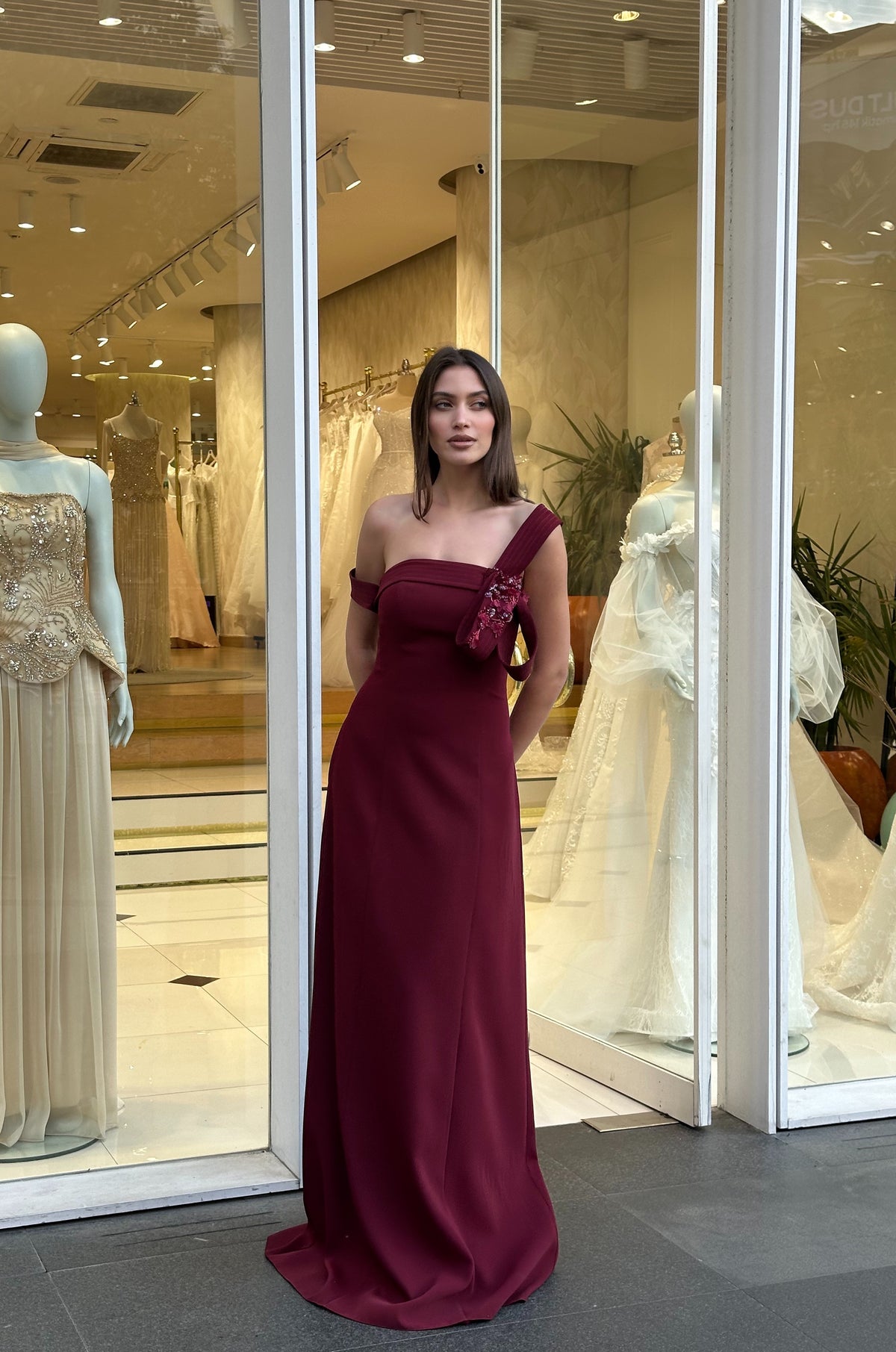 Karen One-Shoulder Burgundy Evening Gown with Floral Detail