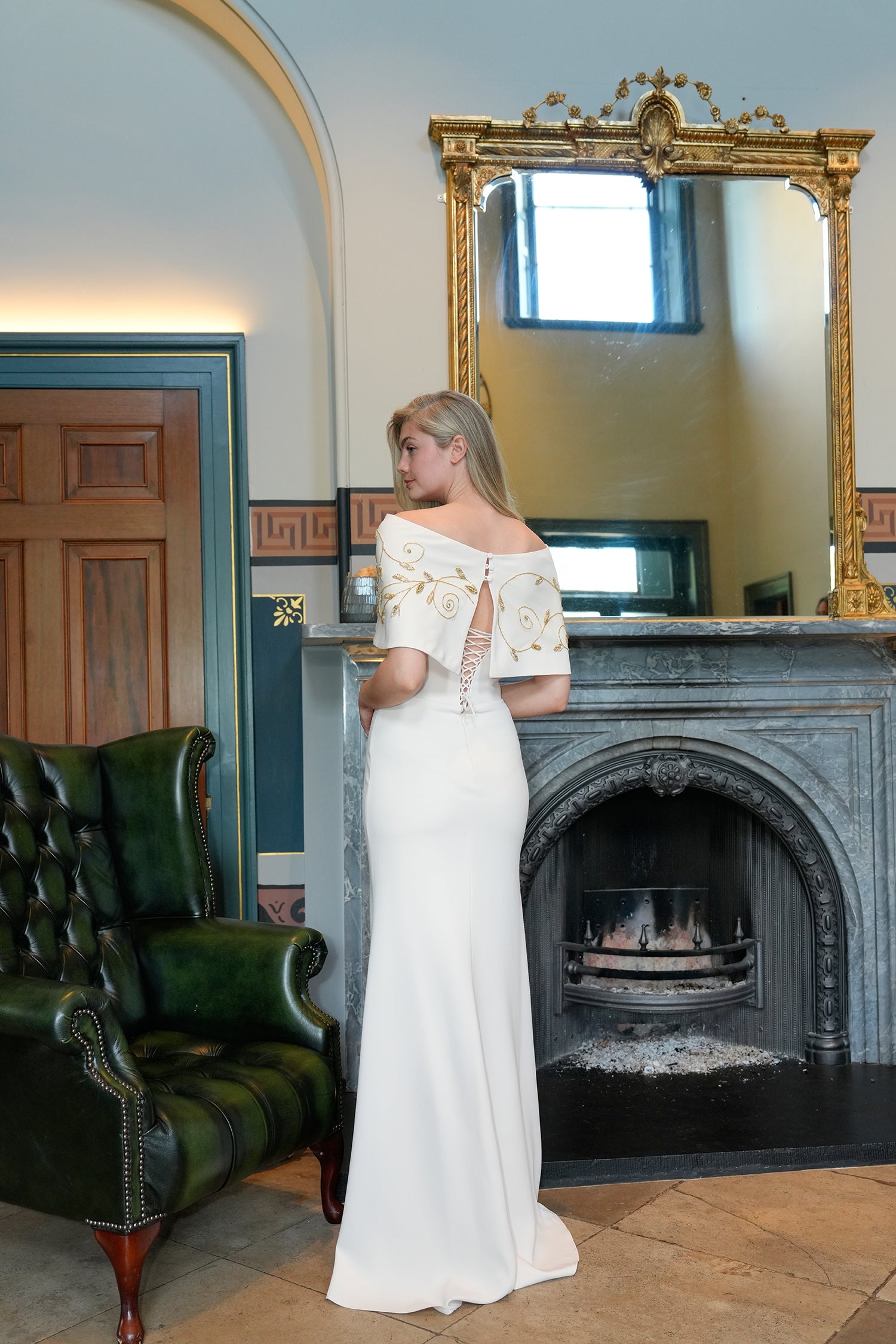 Lillian’s Embellished Off-Shoulder Evening Gown in Sage Green