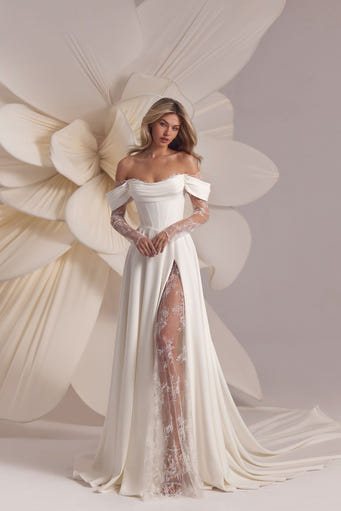 Baccara Off-Shoulder Lace & Satin Slit Wedding Dress