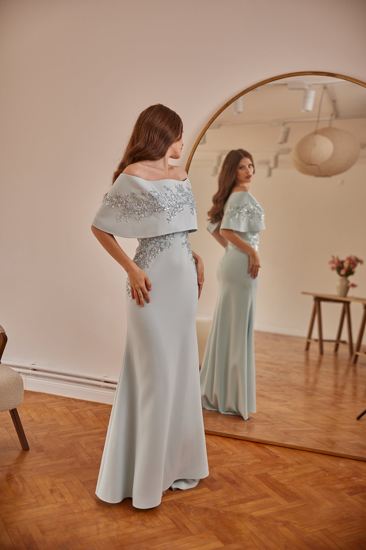 Lillian’s Embellished Off-Shoulder Evening Gown in Sage Green