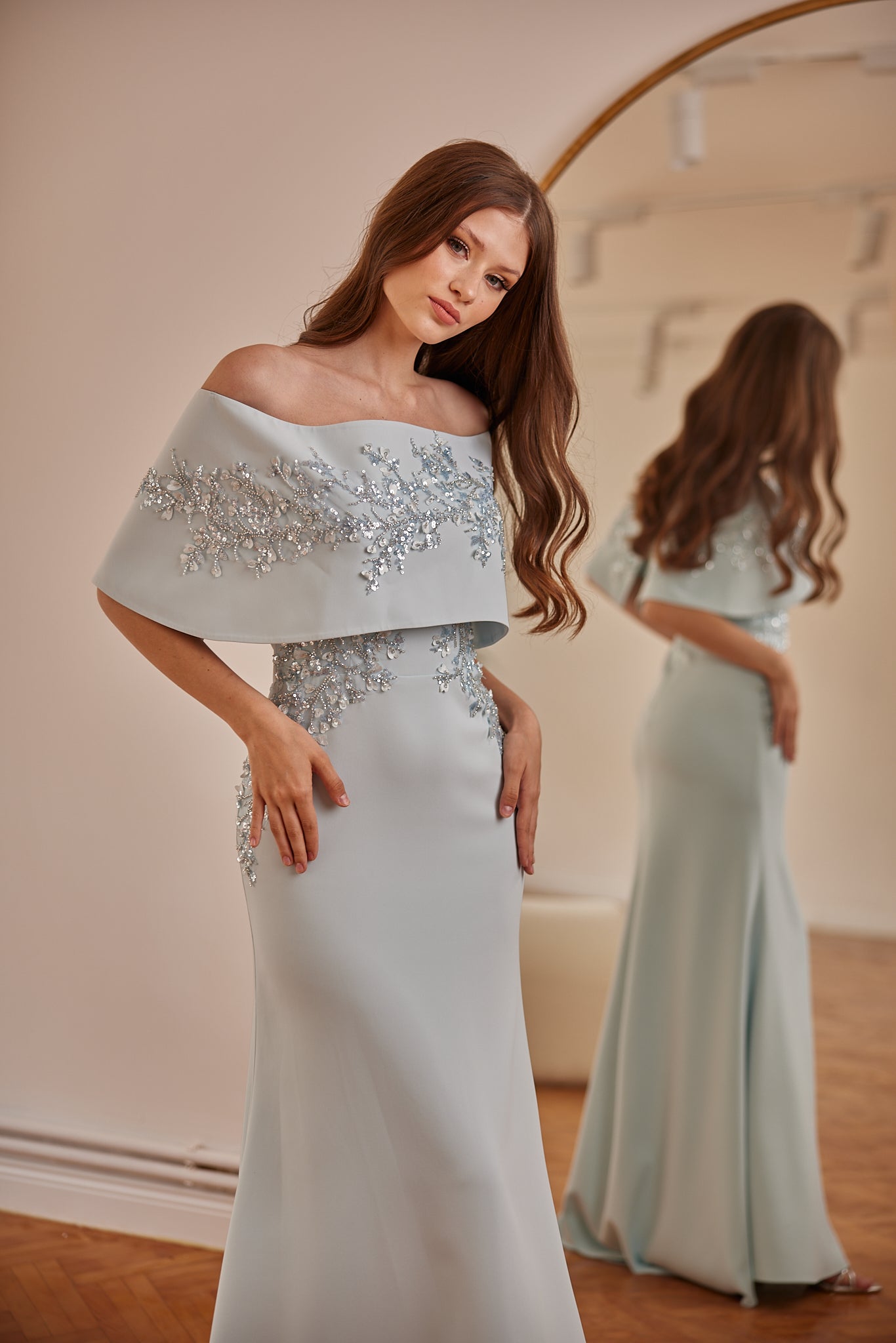 Lillian’s Embellished Off-Shoulder Evening Gown in Sage Green
