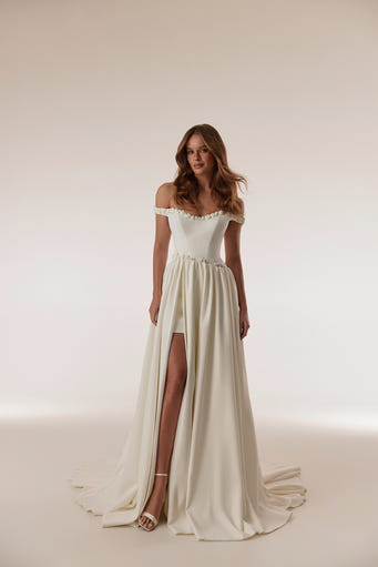 Karina off shoulder draped bridal gown with floral trim