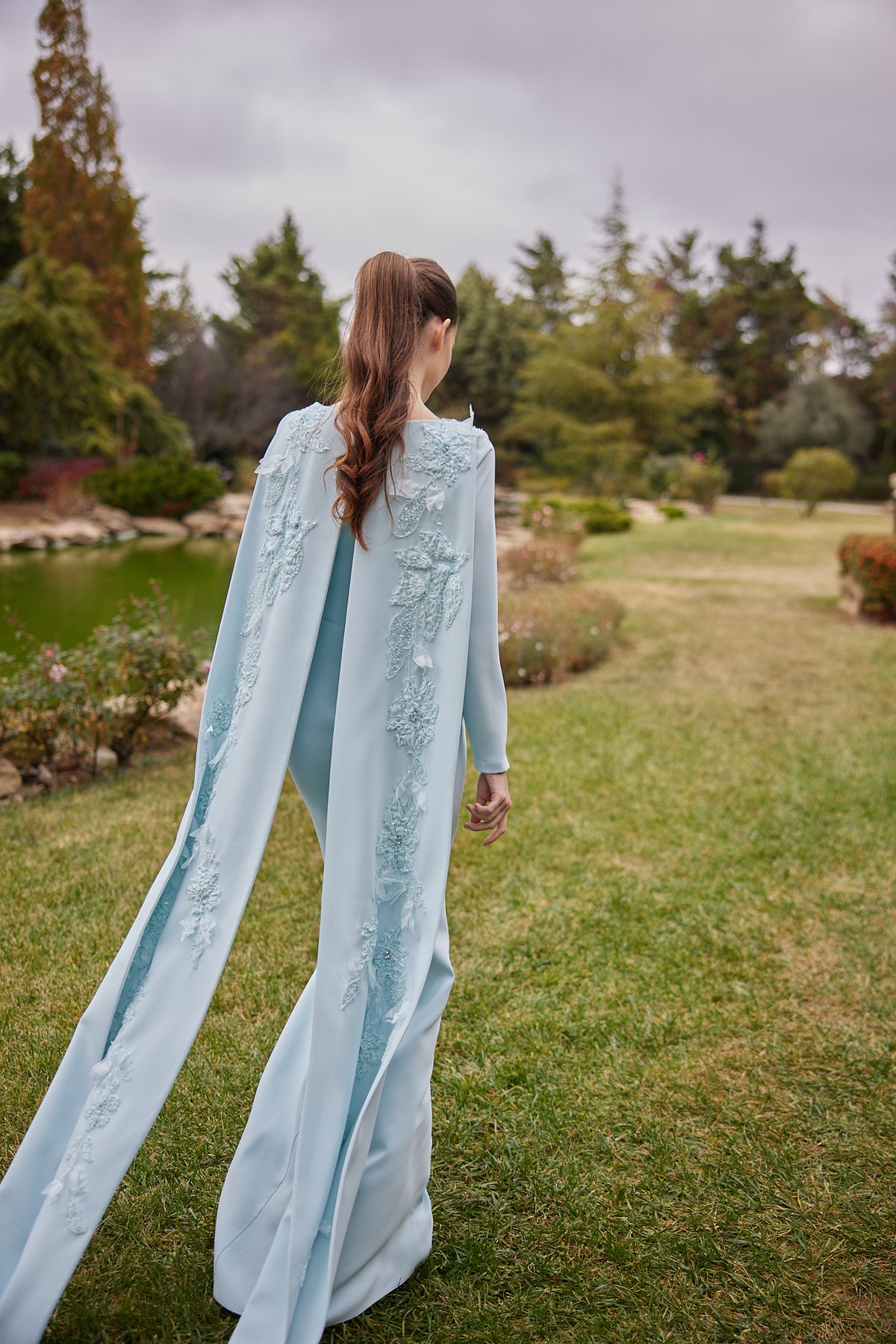 Audrey Long Sleeve Powder Blue Modest Evening Gown