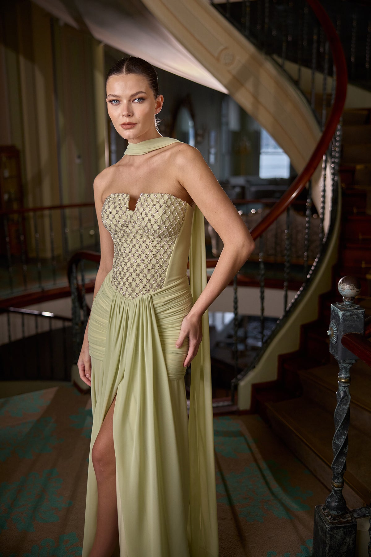 Lenny Embellished Strapless Draped Evening Gown with Scarf Detail