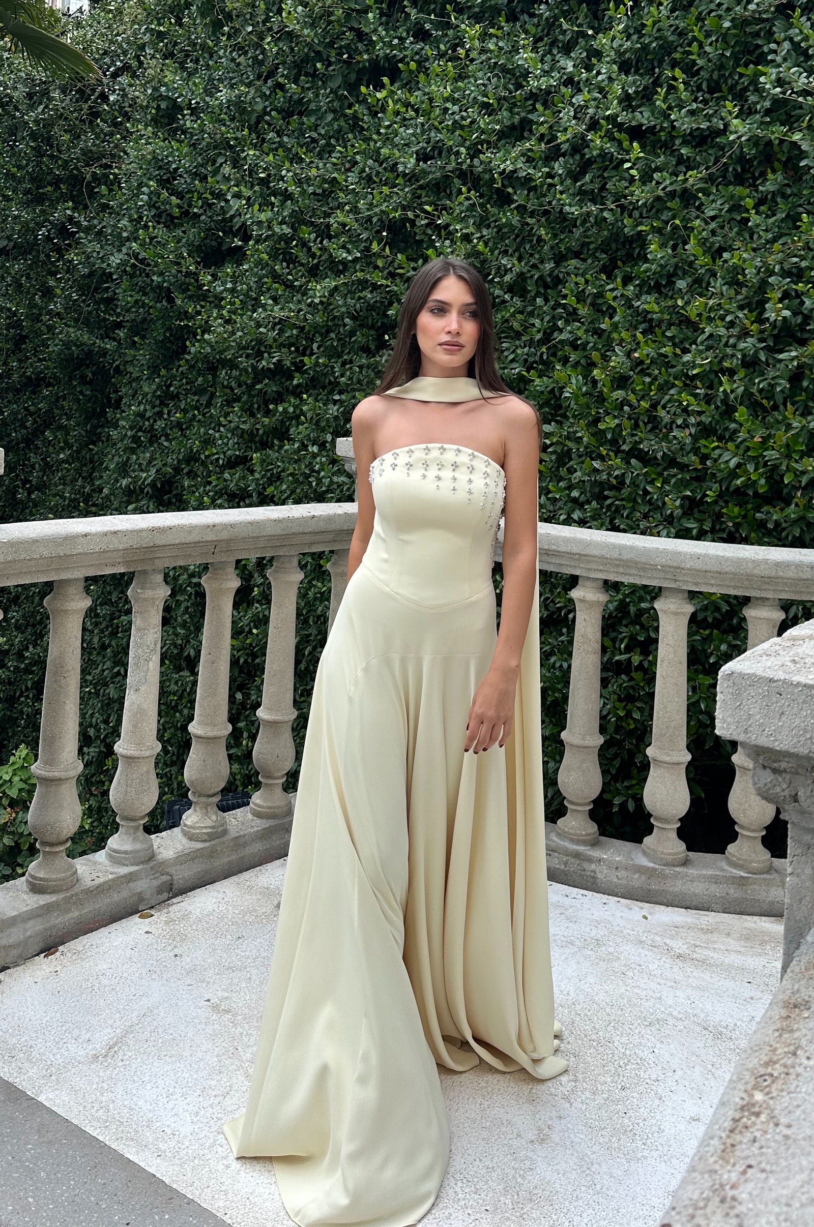 Savannah Draped Neck Soft Ivory Evening Gown