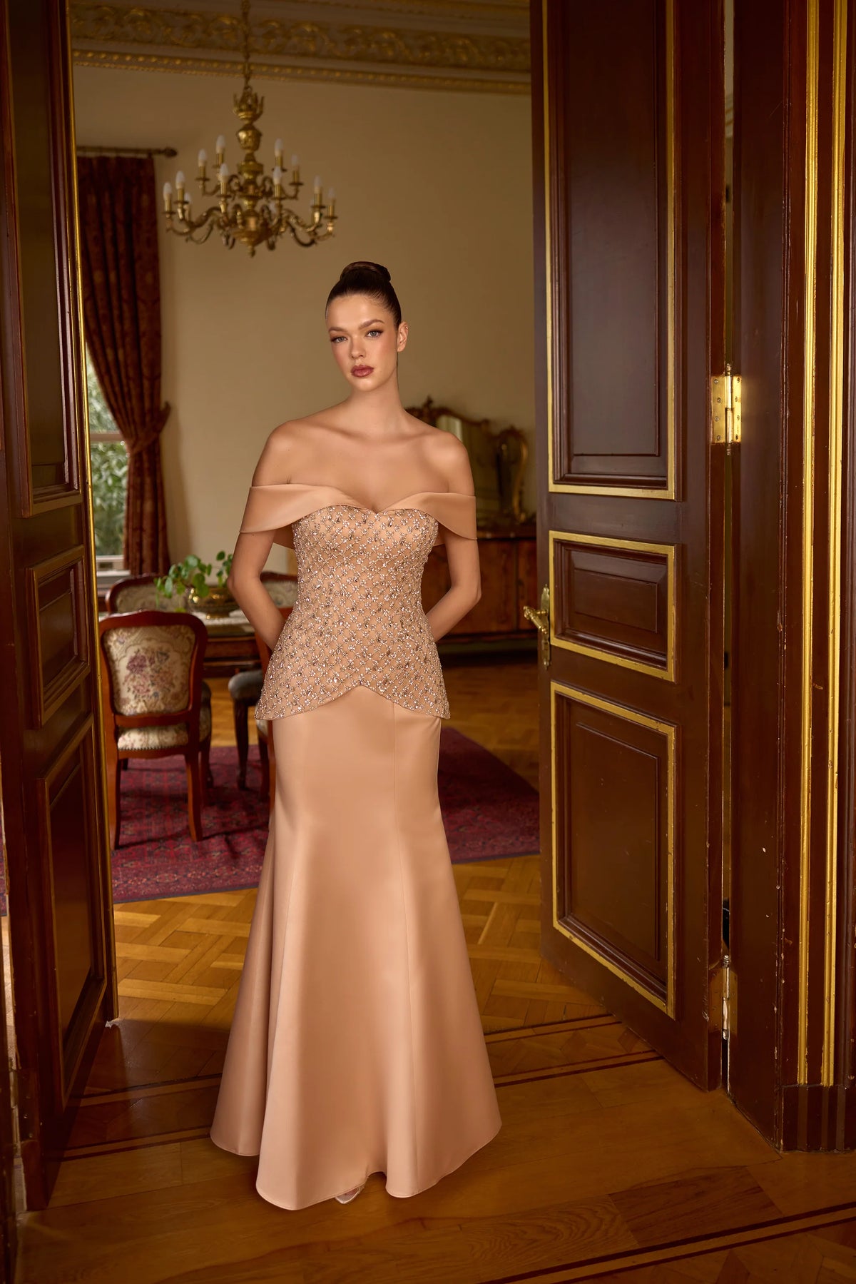 Amara – Crystal Embellished Off-Shoulder Evening Gown