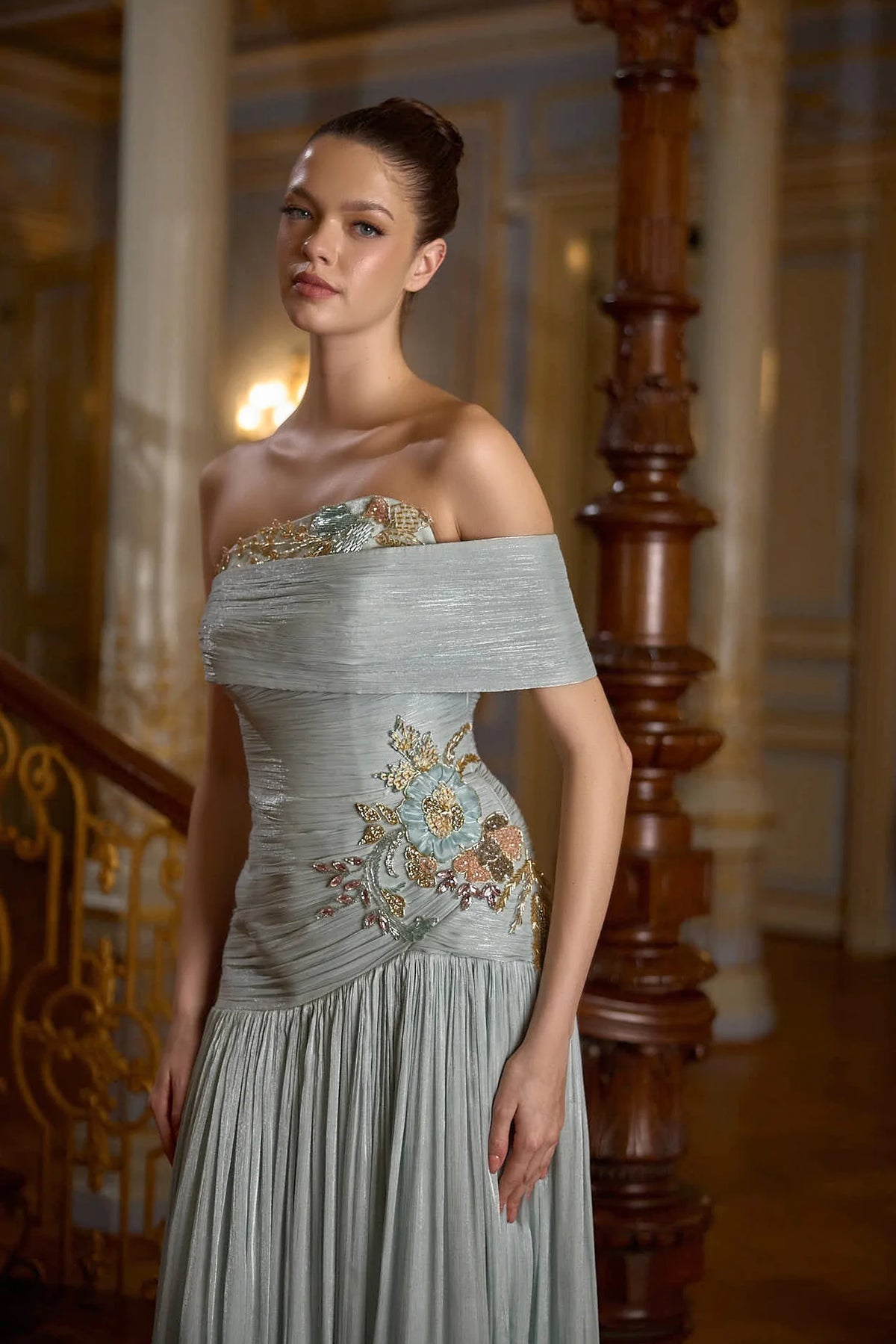 Aveline – Draped Off-Shoulder Pleated Evening Gown