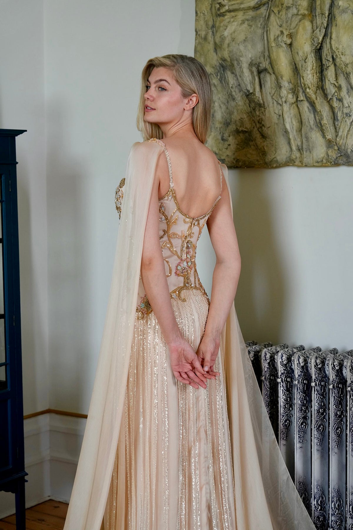 Elisara Embellished Cape Couture Gown